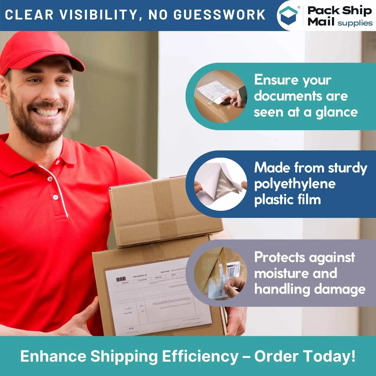 Display of "10.75 x 6.75 Clear Packing List Envelopes," featuring 200 transparent, self-adhesive envelopes aimed at enhancing document security and shipping efficiency.