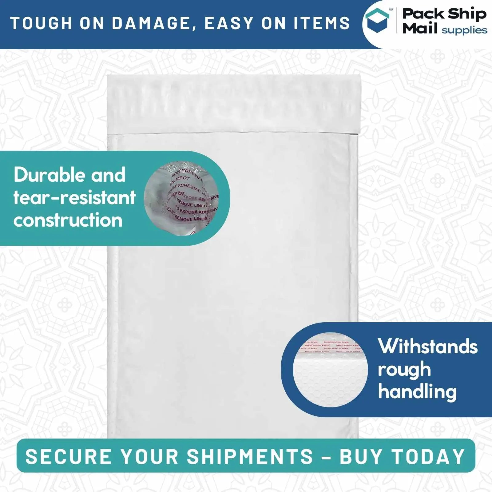 Image of 5 by 9-inch #00 Self-Seal White Poly Bubble Mailers, packaged in a case of 50.