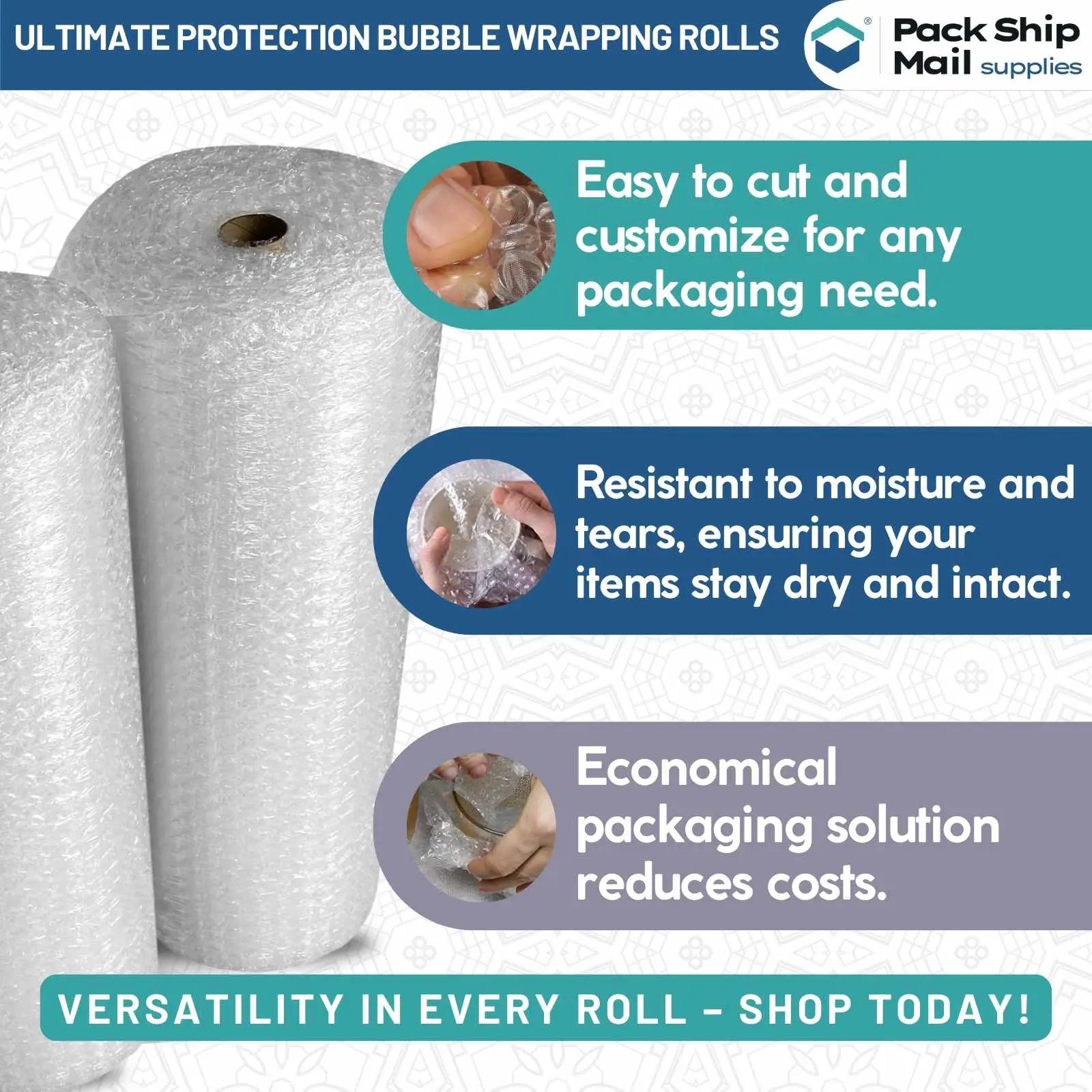 A roll of 1/2" x 48" bubble wrapping, one roll measuring 48" x 125 feet, with perforations for easy tearing.