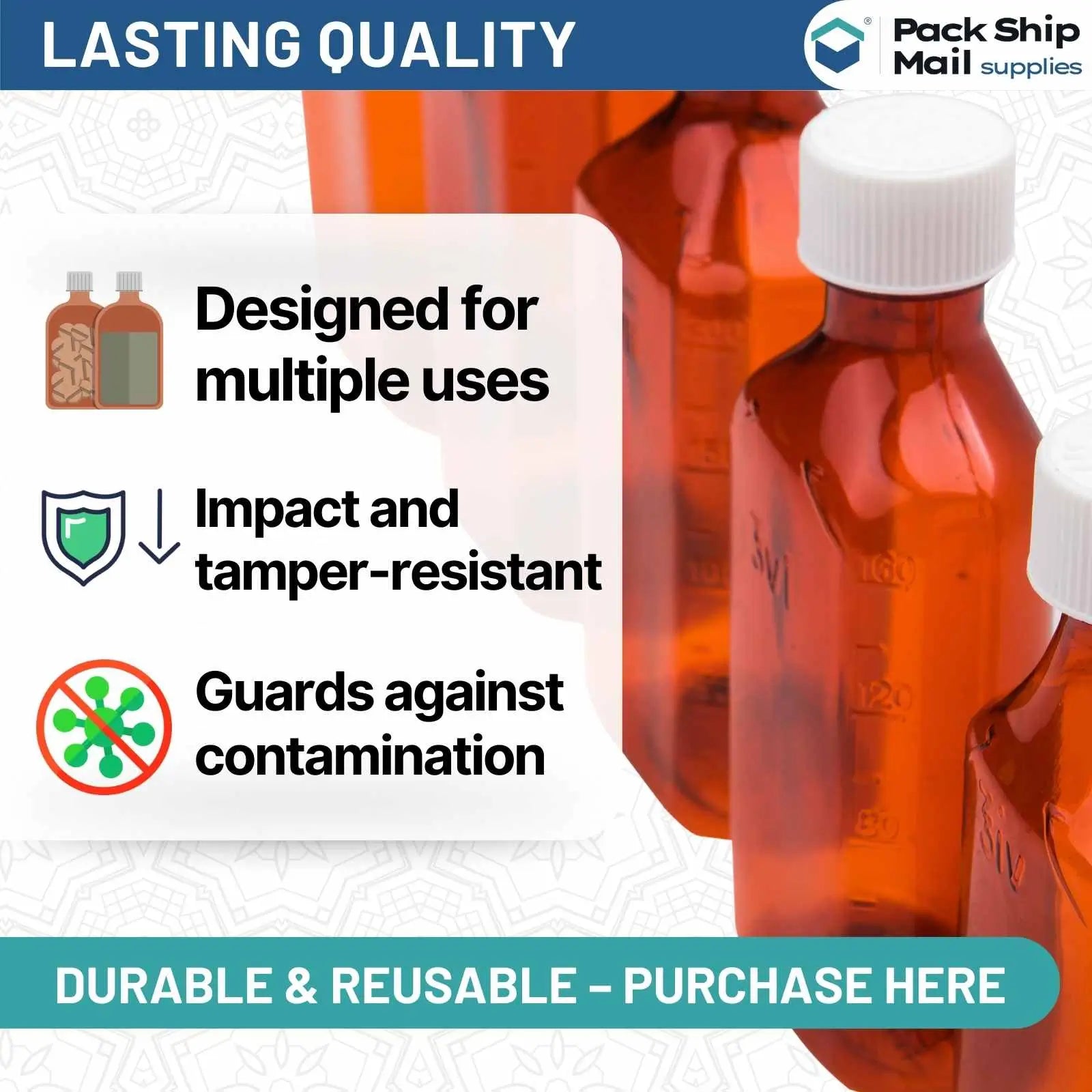 The image showcases a case containing 25 amber oval bottles, each with a 3 oz capacity and equipped with child-lock caps.