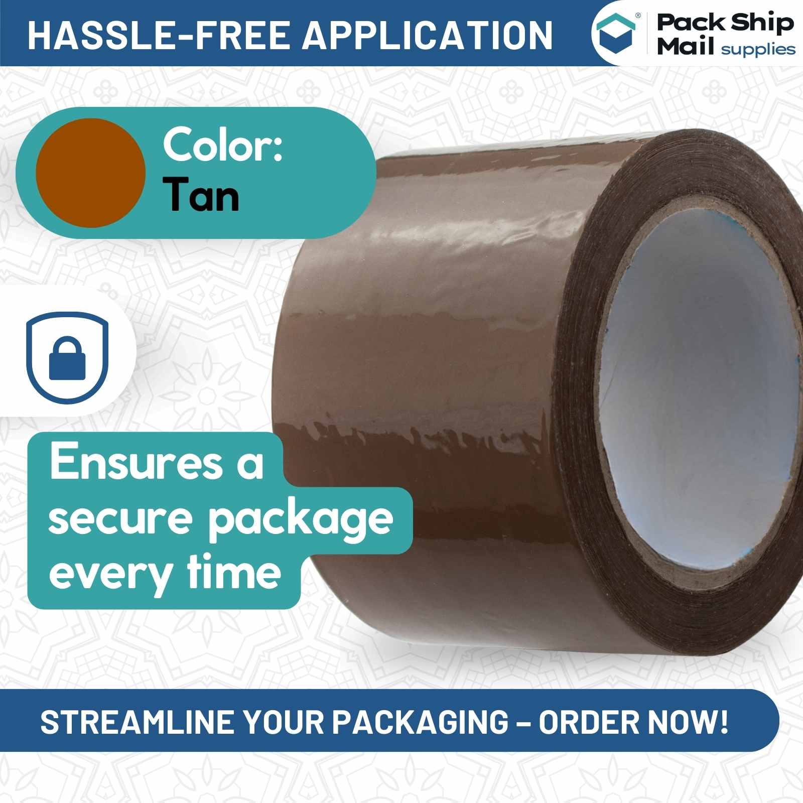 Twenty-four rolls of 3-inch x 110 yards carton sealing packing tape in tan color, each roll measuring 1.8 MIL thickness, packaged together in a case.