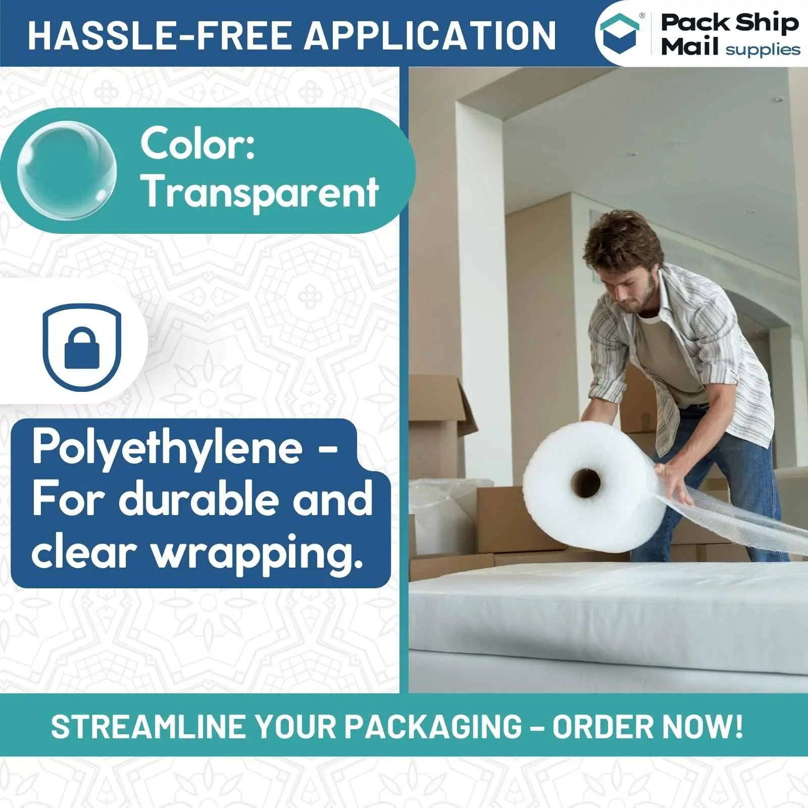 Four rolls of 3/16" x 48" bubble wrapping, slit at 12", totaling 12" x 500 feet. The bubble wrap is perforated for easy tearing and packaging.