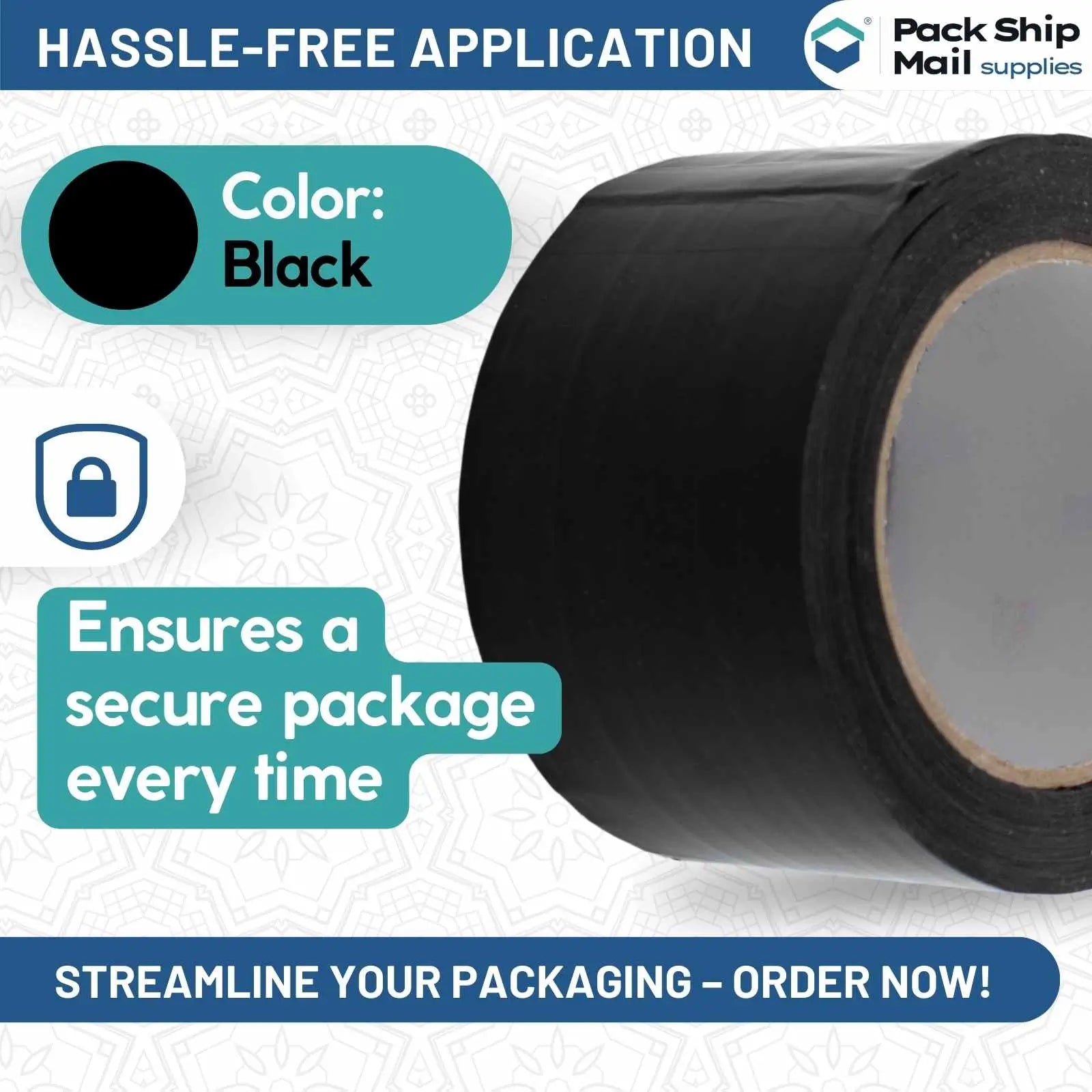 Image showing a case of 36 rolls of 2-inch by 110-yard 2 MIL black carton sealing packing tape.