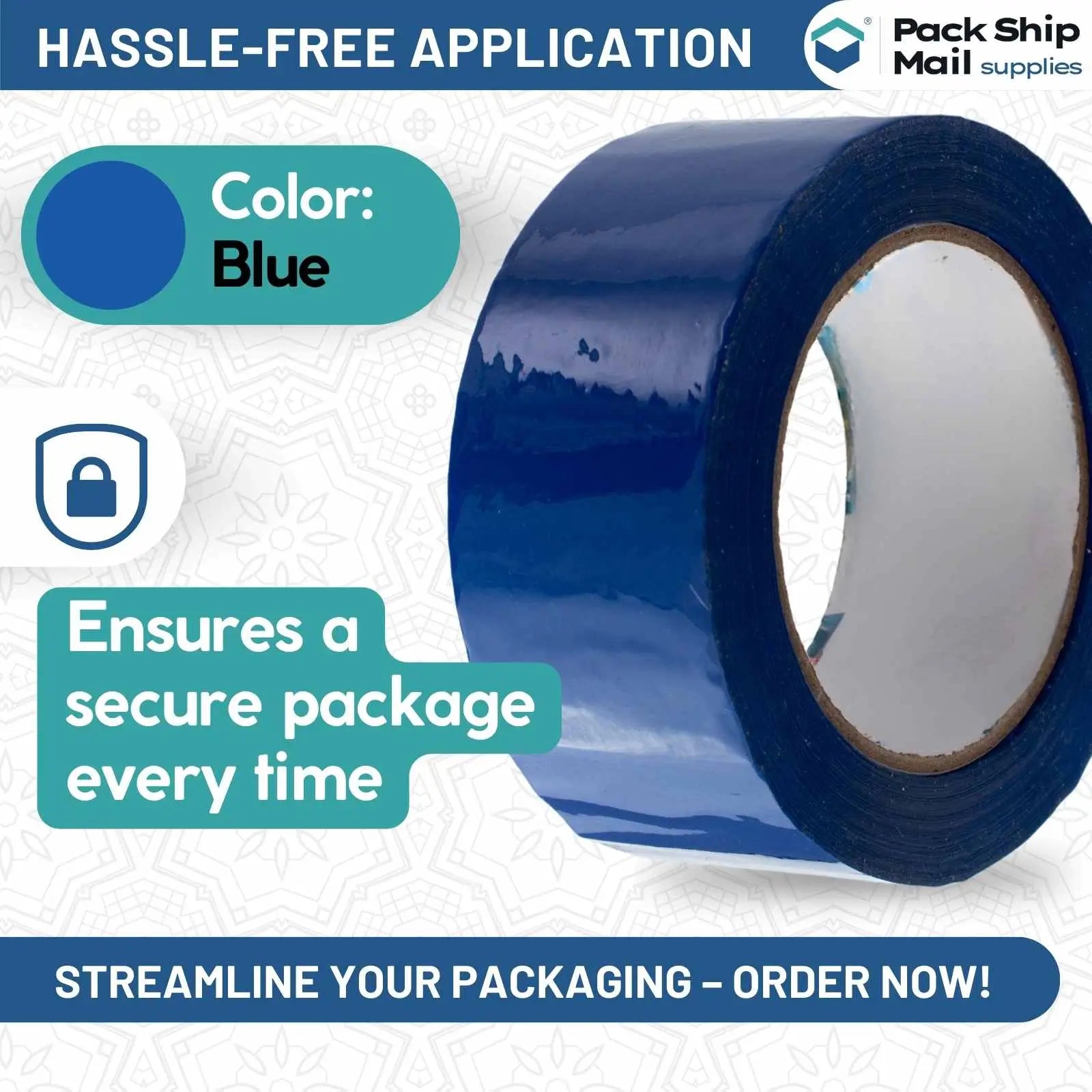 Image showing a case of 24 rolls of 3-inch by 110-yard 2 MIL blue carton sealing packing tape.