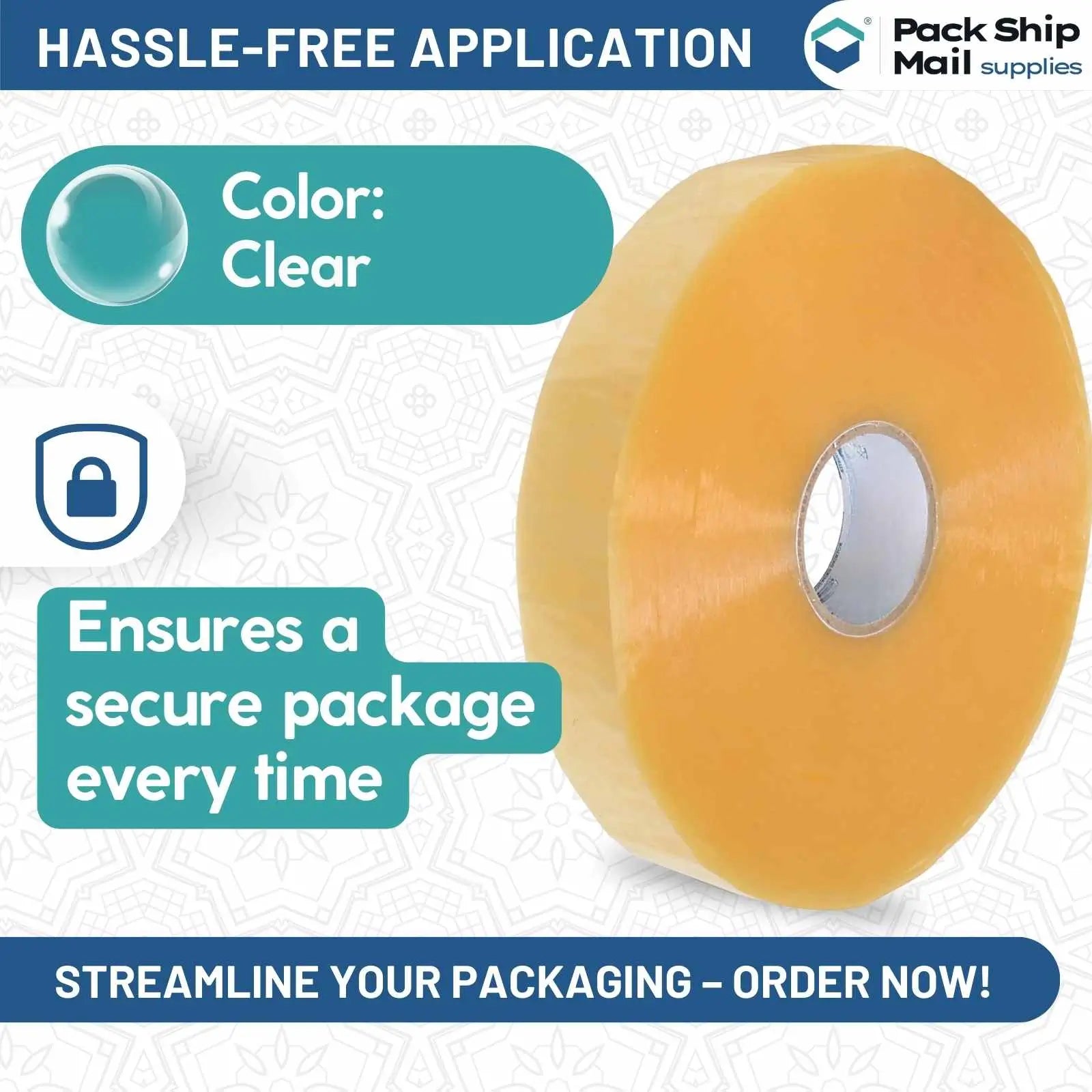 Four rolls of 3-inch by 1000 yards clear carton sealing packing tape, 2.6 MIL thickness, neatly packed in a case.