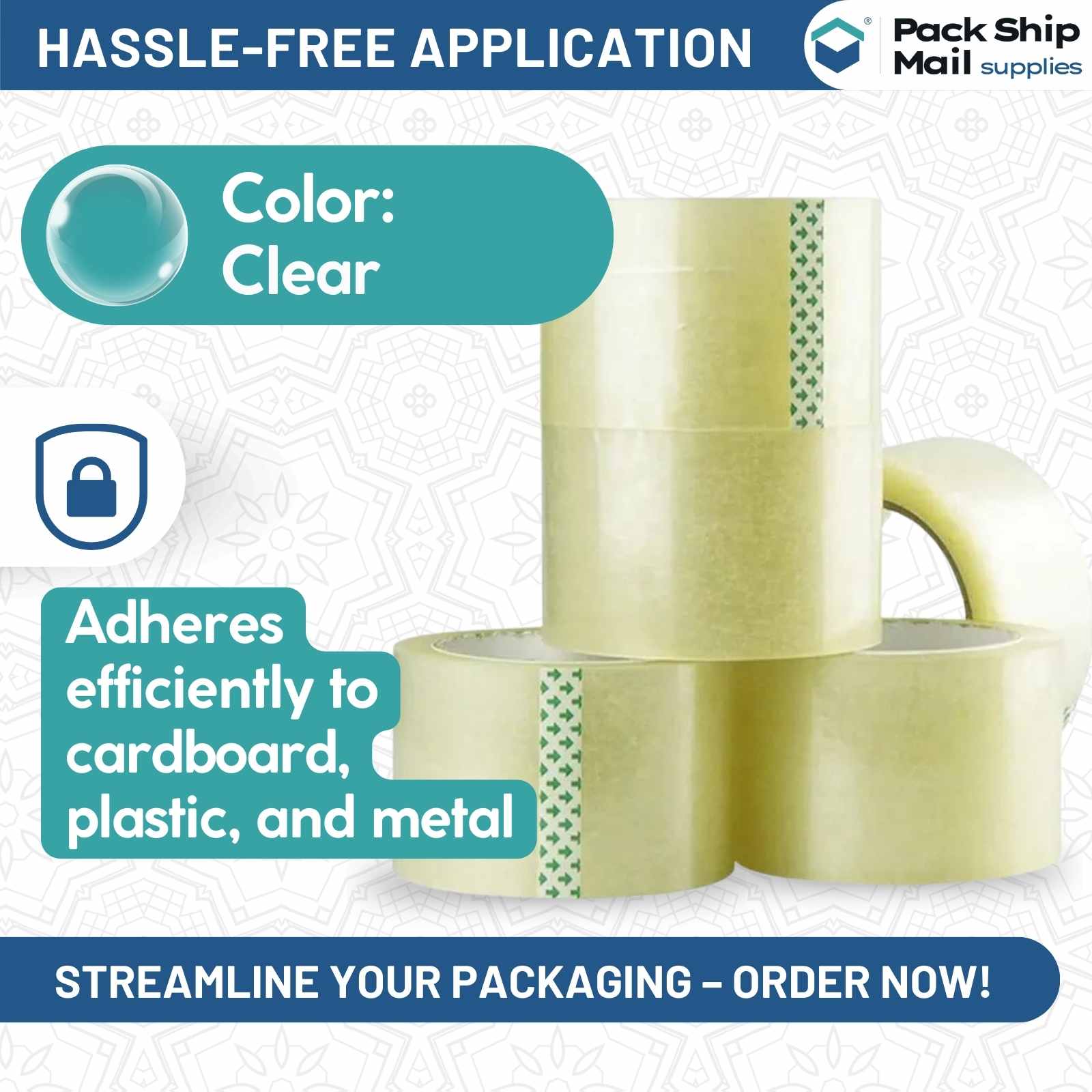 Image of 2-inch by 110 Yards Carton Sealing Packing Tape, 1.8 MIL thickness, clear color, and 6 rolls per case.