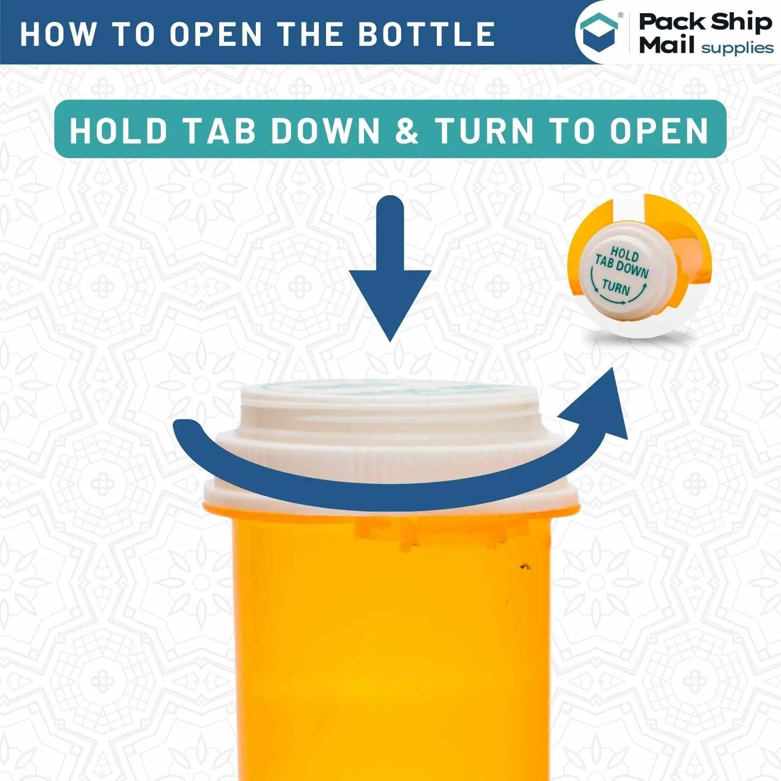 The image showcases a case containing 10 Dram Amber Thumb Tab Reversible Cap Vials, with 25 vials in total.