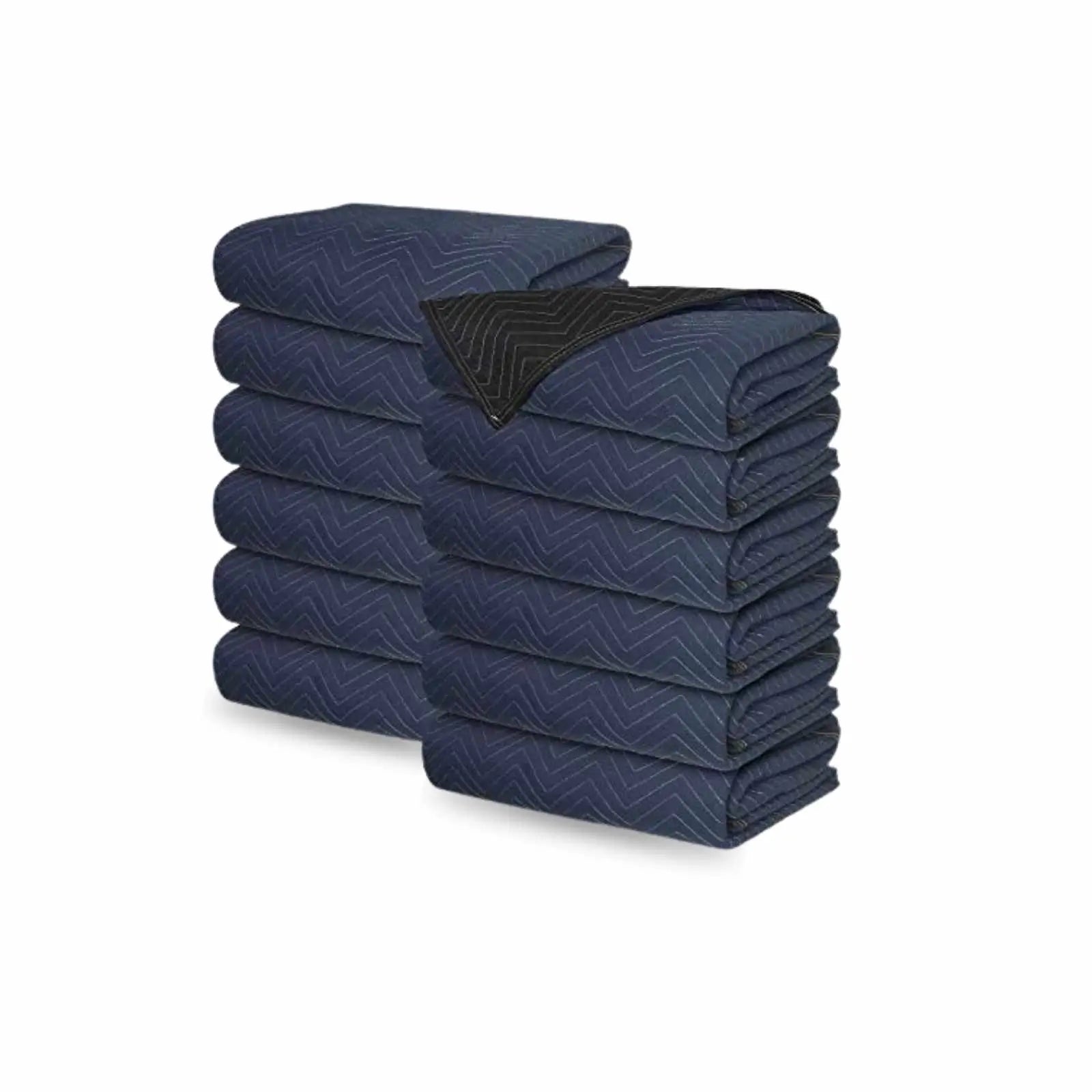 The image showcases a single, heavy-duty moving blanket in a stylish dark blue and black color combination, measuring 72" x 80" and weighing 65 pounds, making it an excellent choice for maximum protection during your move.