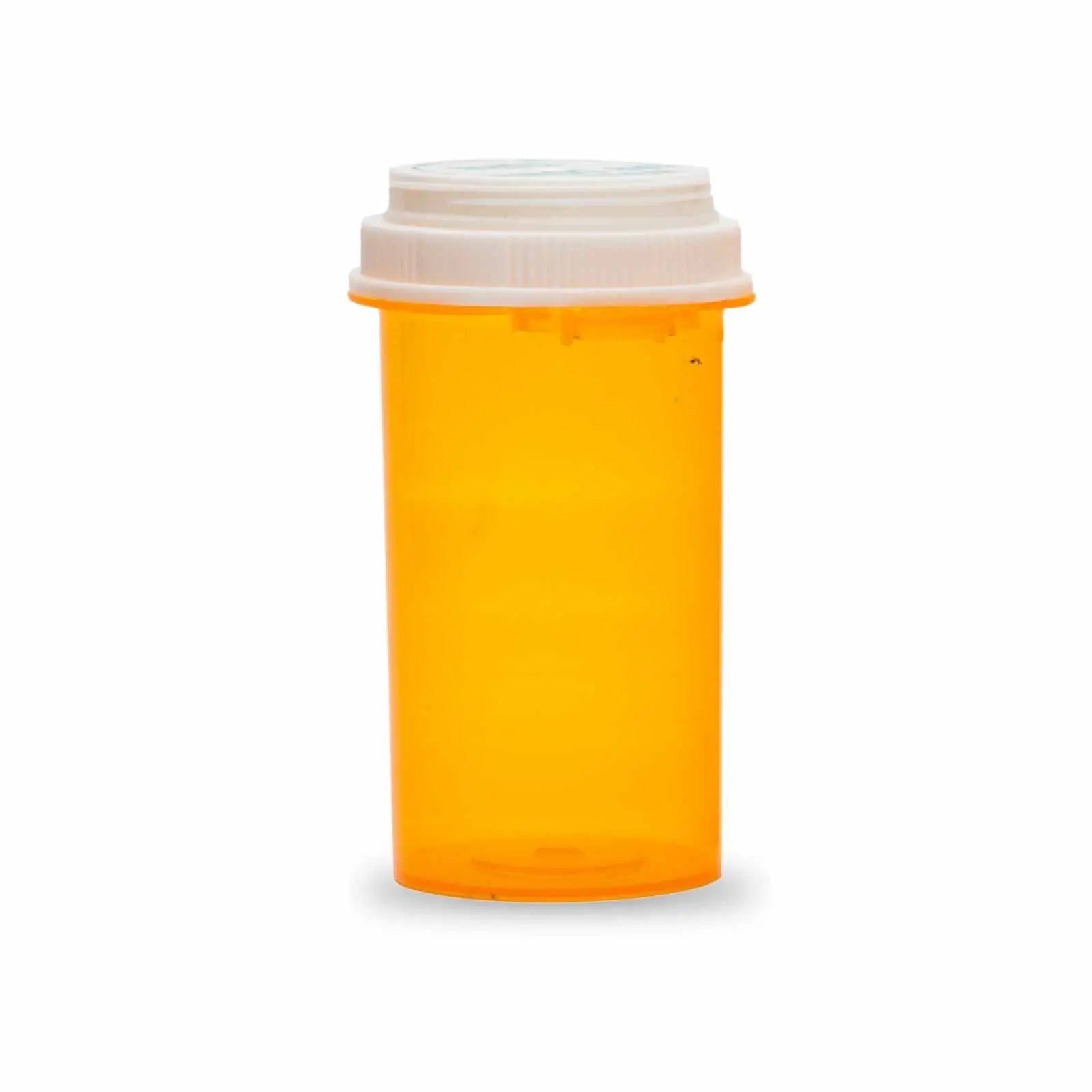 The image showcases a case containing 10 Dram Amber Thumb Tab Reversible Cap Vials, with 25 vials in total.