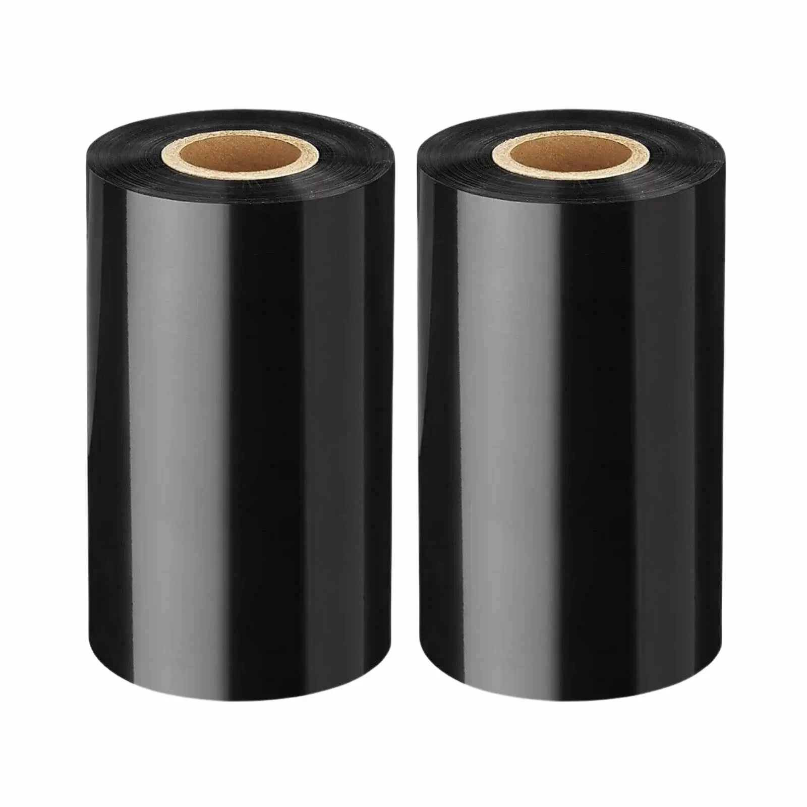 Two rolls of 4.33-inch by 1476-foot black thermal transfer ribbon, compatible with Zebra printers, neatly packaged and displayed with clear visibility of the product's dimensions and compatibility information.