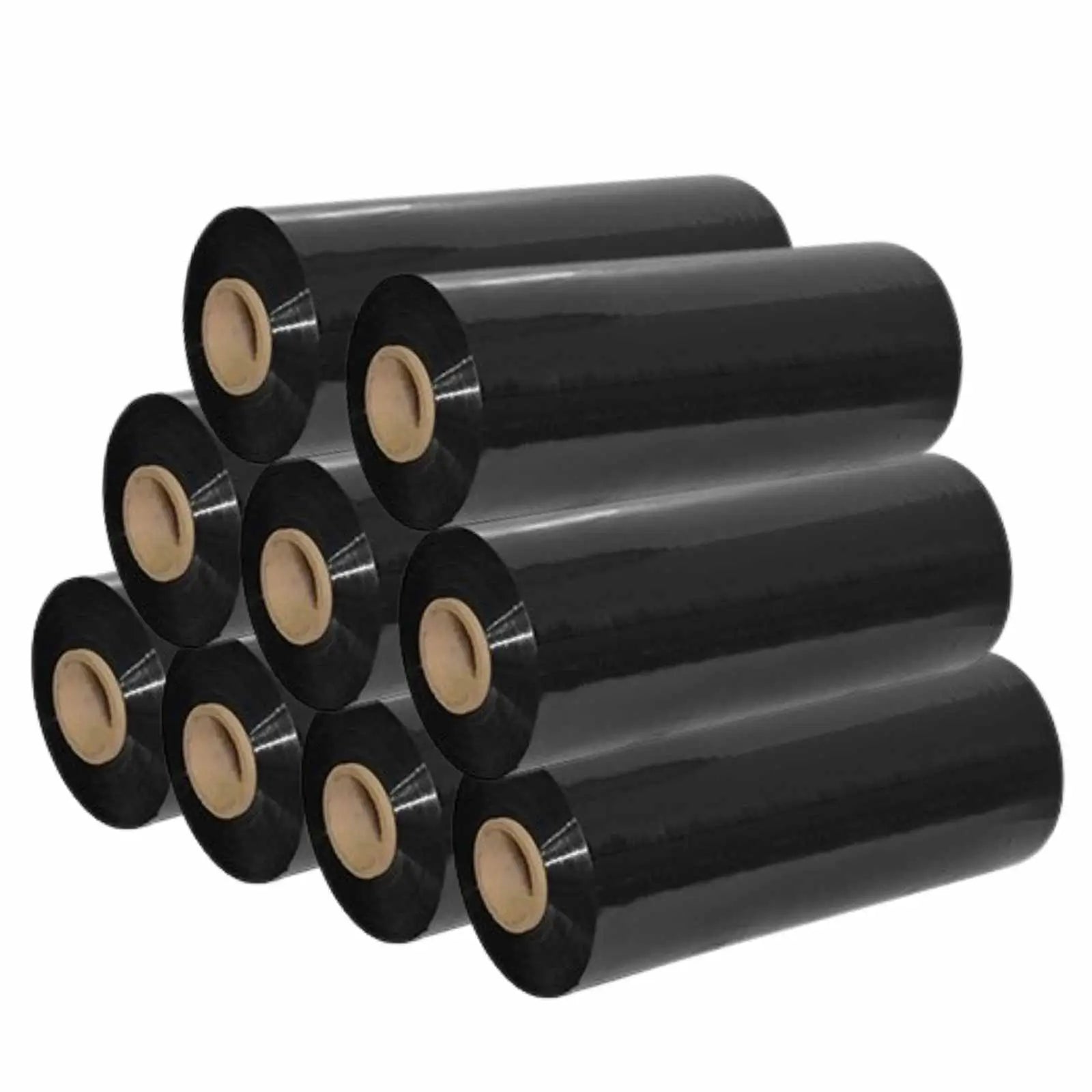 Image of 9 rolls of 4.33" x 1476' Black Zebra Compatible Thermal Transfer Ribbon, neatly packaged in a case. High-quality printer ribbon for barcode and label printing.