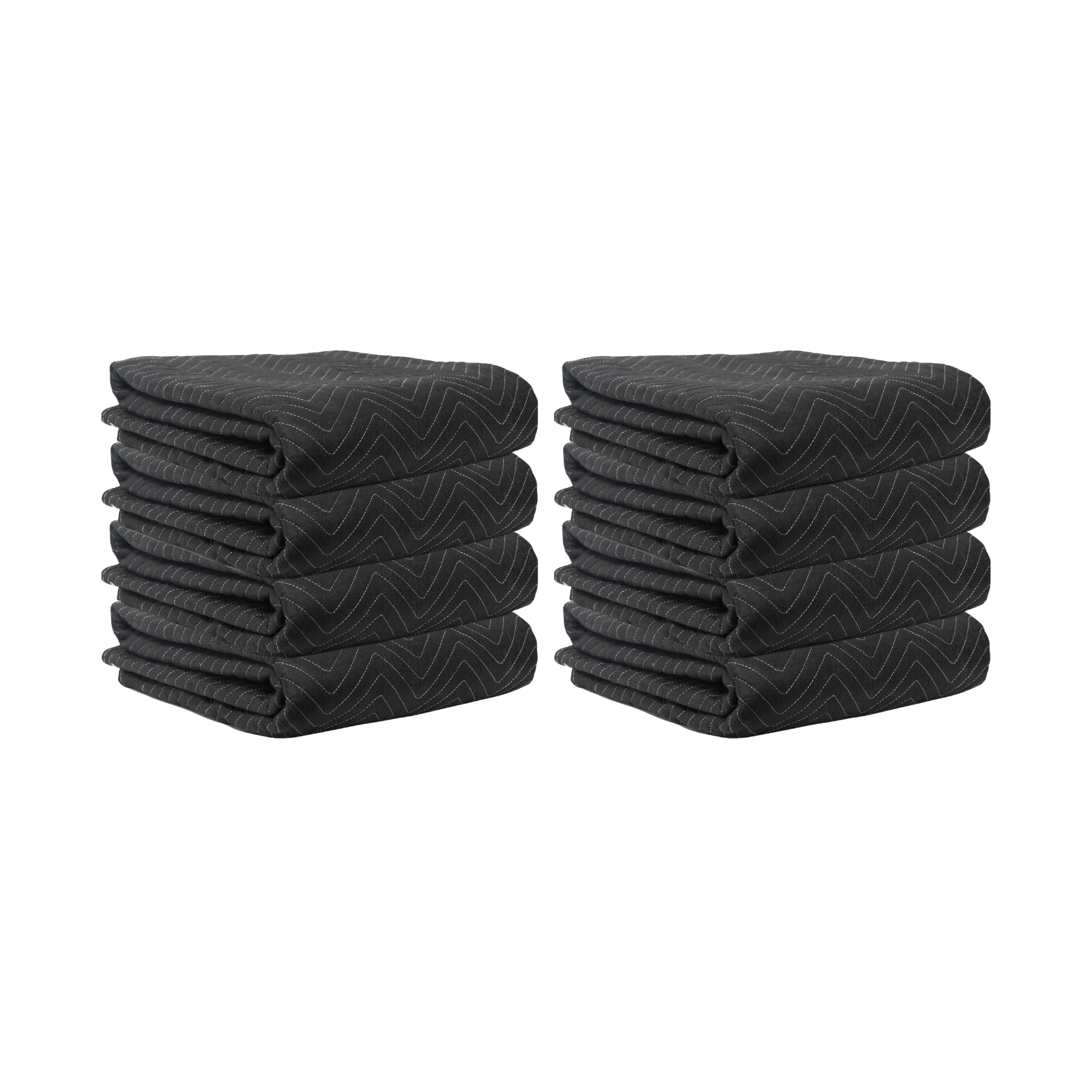 The image showcases an 8-piece bundle of heavy-duty black moving blankets, each measuring 72" x 80" and weighing 55 pounds. Ideal for secure and efficient item protection during your move.