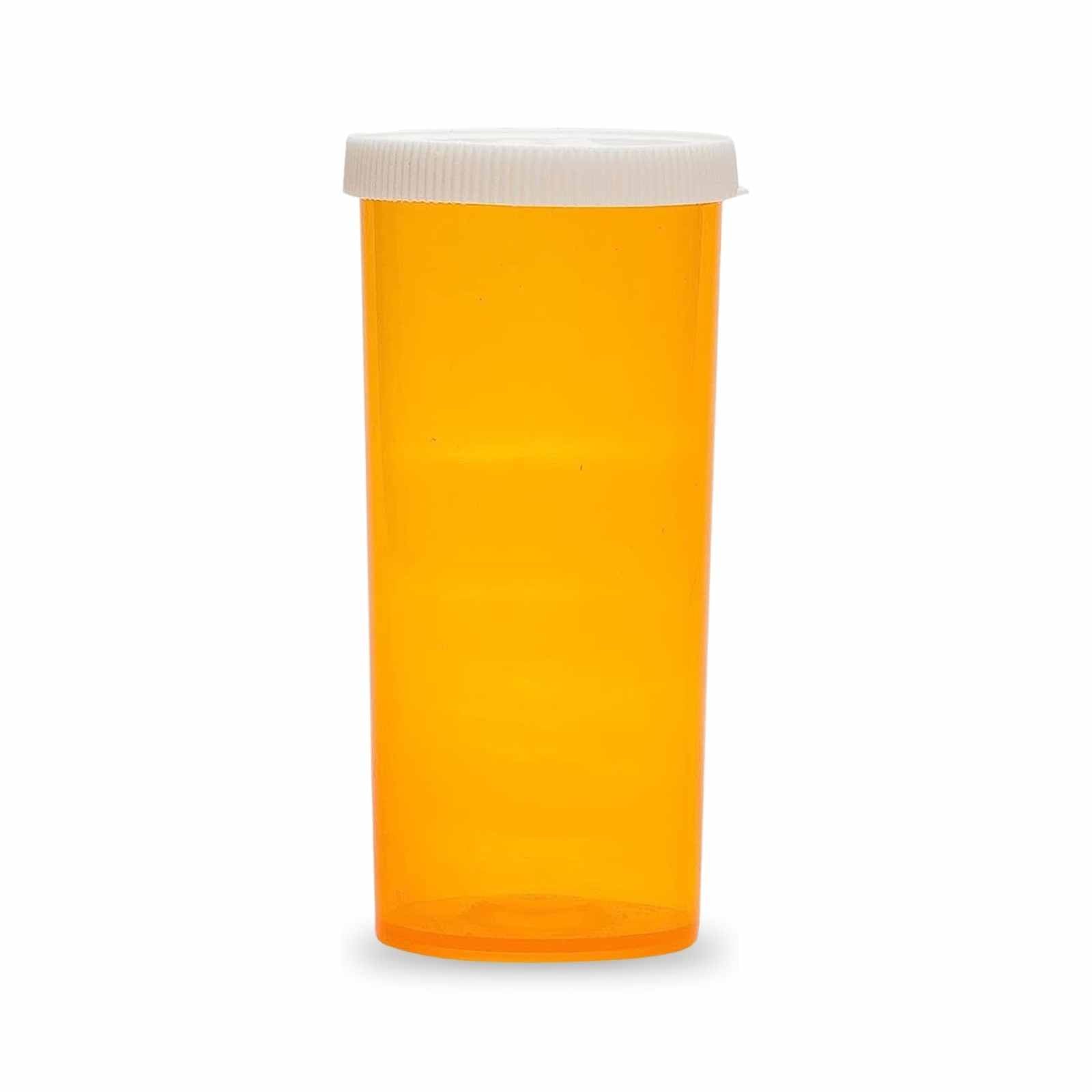 The image showcases 16 Dram Amber Snap Cap Vials, packaged in sets of 25 per case.