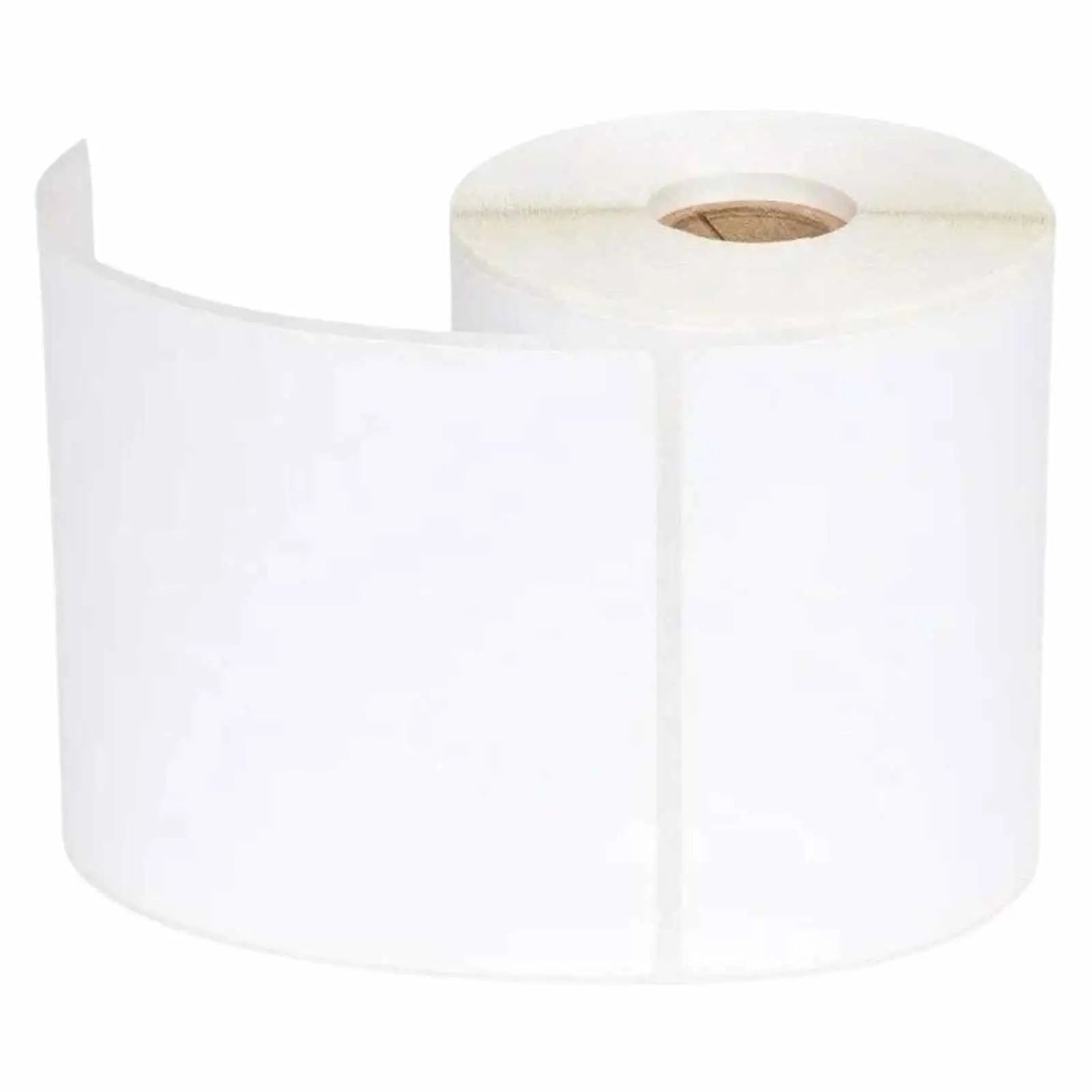 Nine rolls of 4-inch by 6-inch white direct thermal transfer labels, each on a 1-inch core, all contained in a single case.