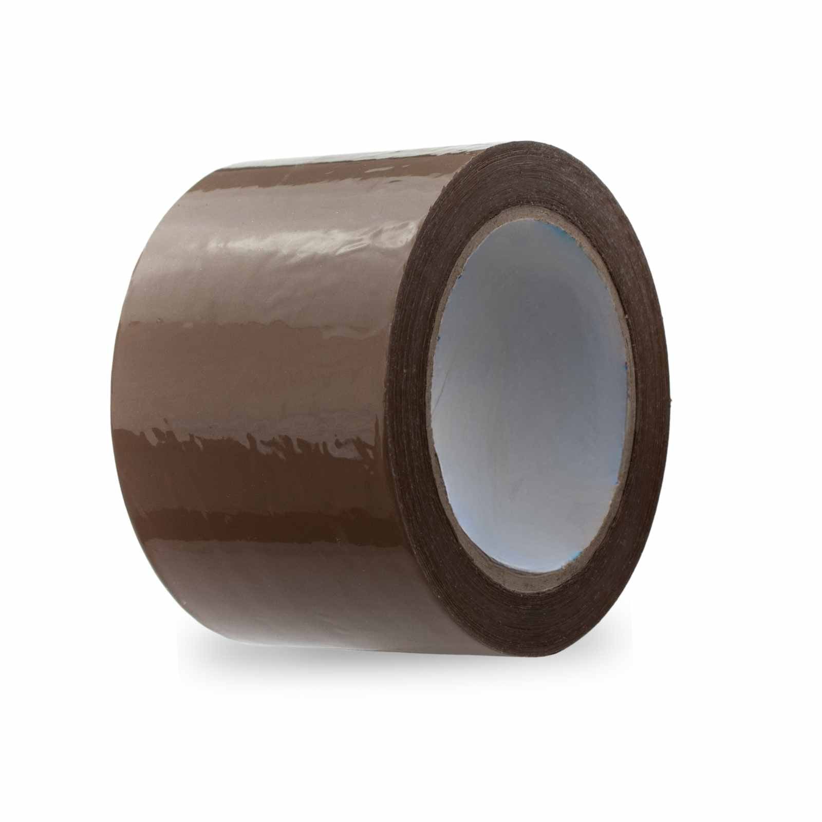 Twenty-four rolls of 3-inch x 110 yards carton sealing packing tape in tan color, each roll measuring 1.8 MIL thickness, packaged together in a case.