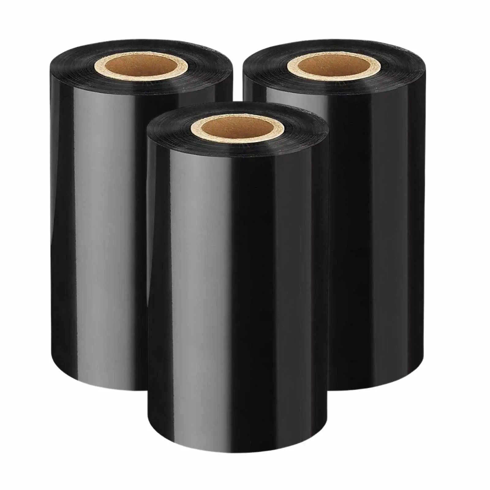 image of 3 rolls of 4.33" x 1476' Black Zebra Compatible Thermal Transfer Ribbon in a case.