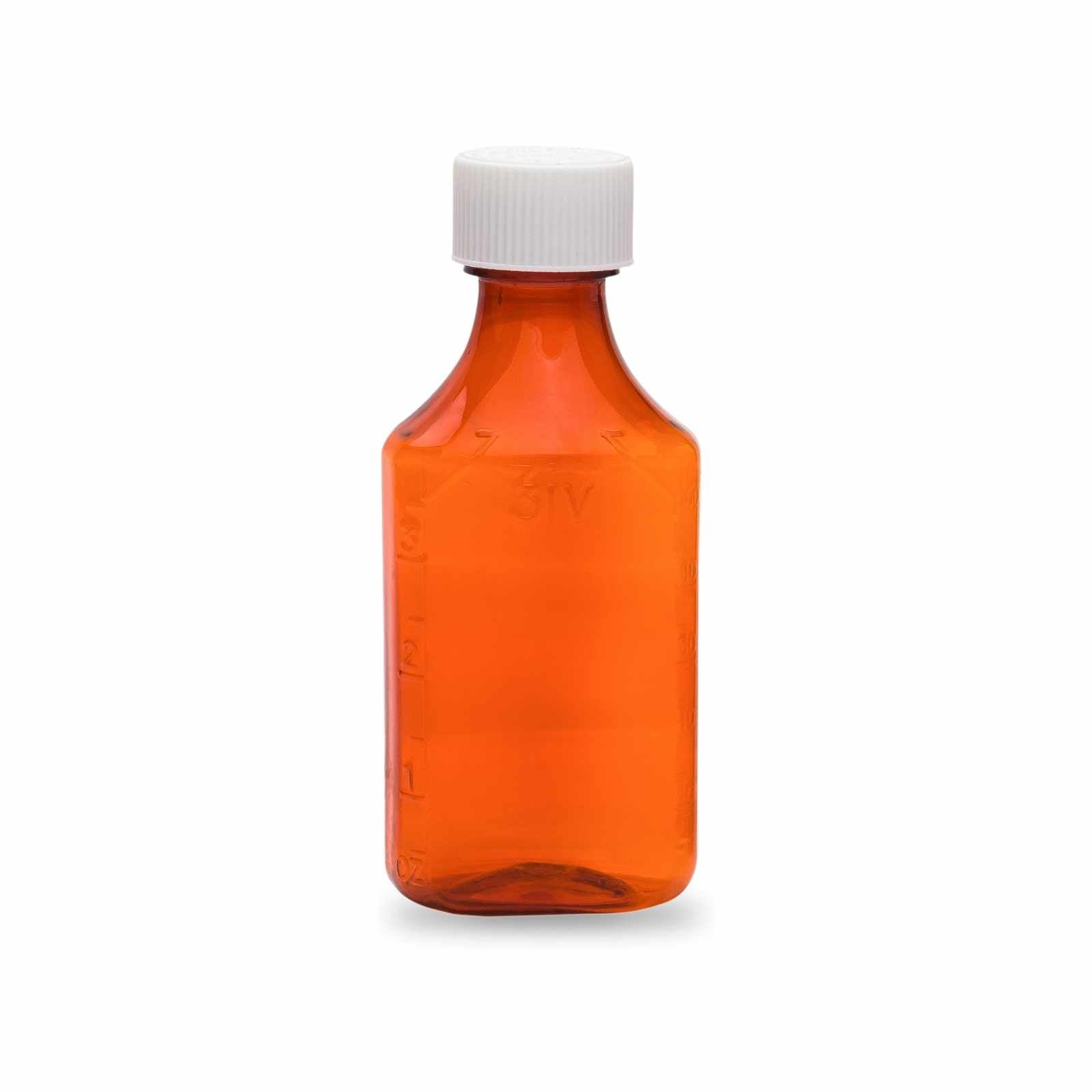 Amber oval bottle with child lock cap, 8 oz, sold in a case of 100.