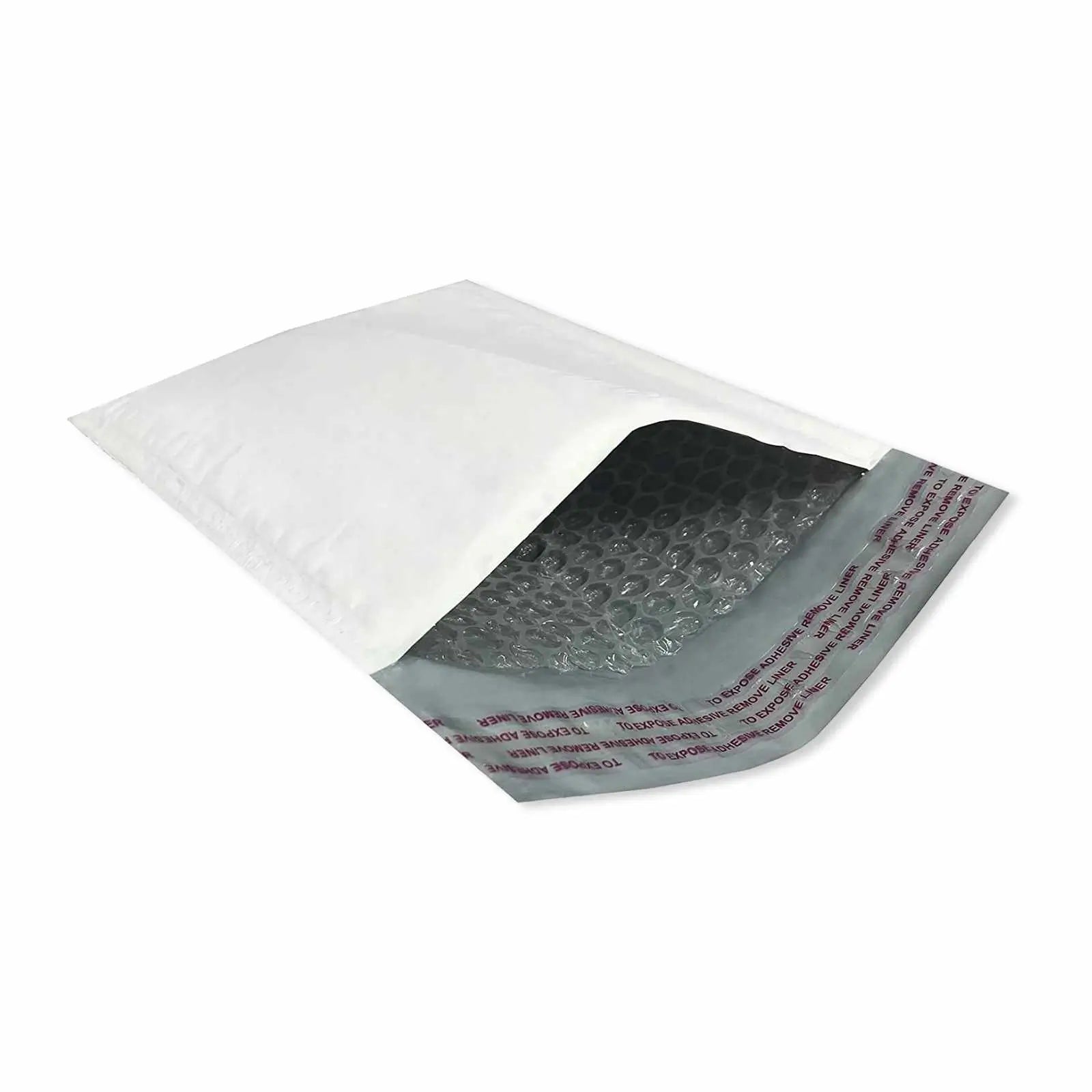 Image of 5 by 9-inch #00 Self-Seal White Poly Bubble Mailers, packaged in a case of 50.