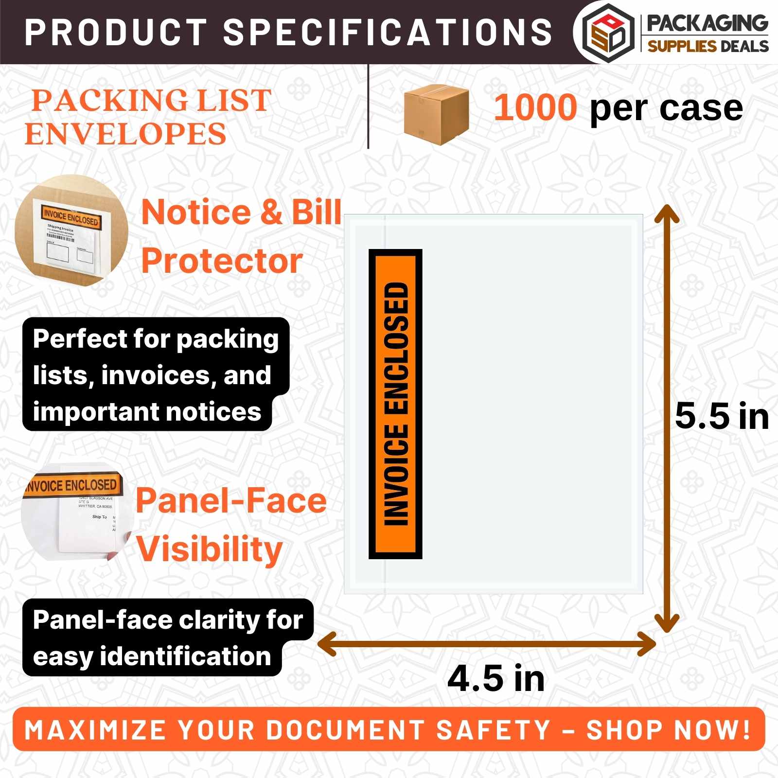 A case of 1000 panel face 4.5" x 5.5" invoice enclosed envelopes.