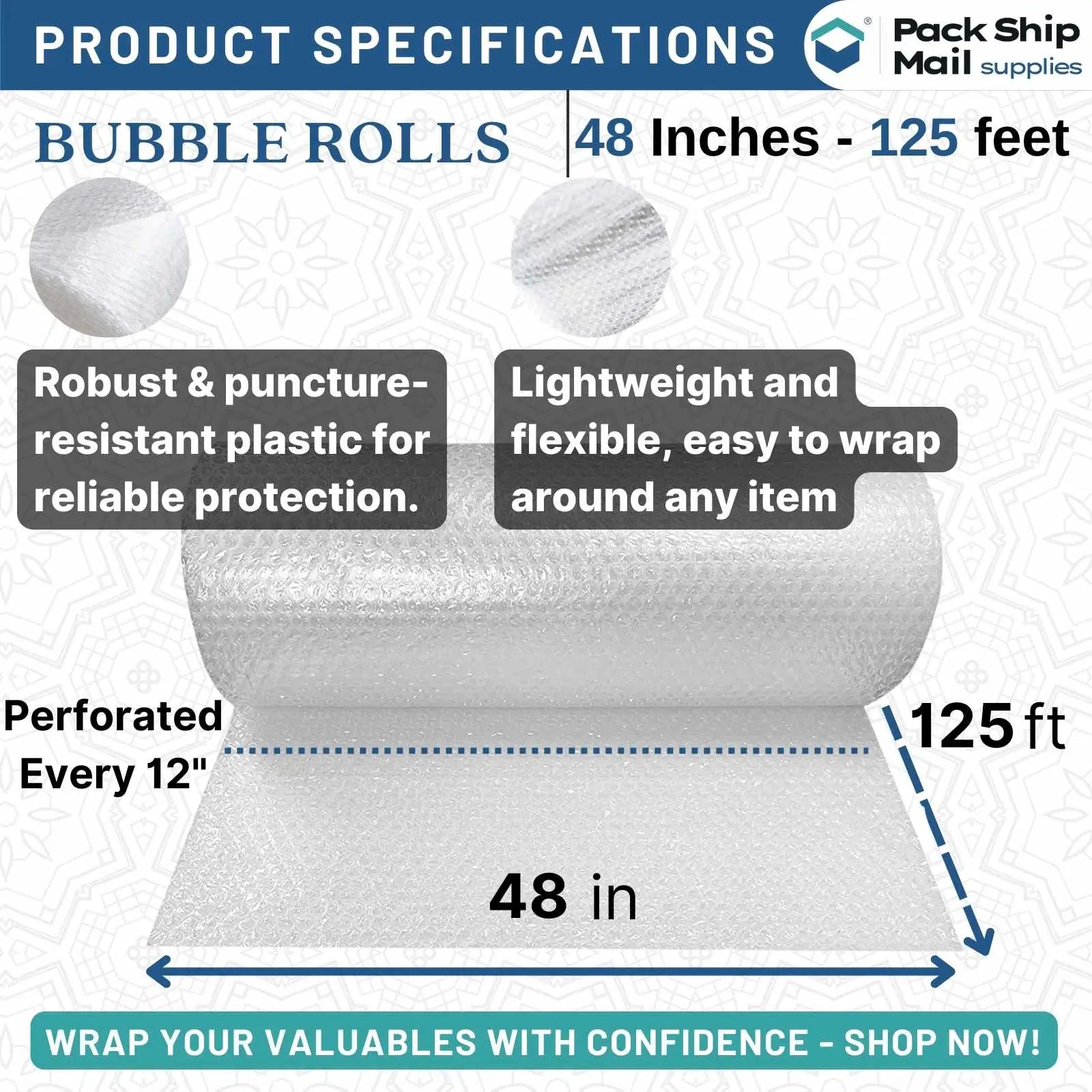 A roll of 1/2" x 48" bubble wrapping, one roll measuring 48" x 125 feet, with perforations for easy tearing.