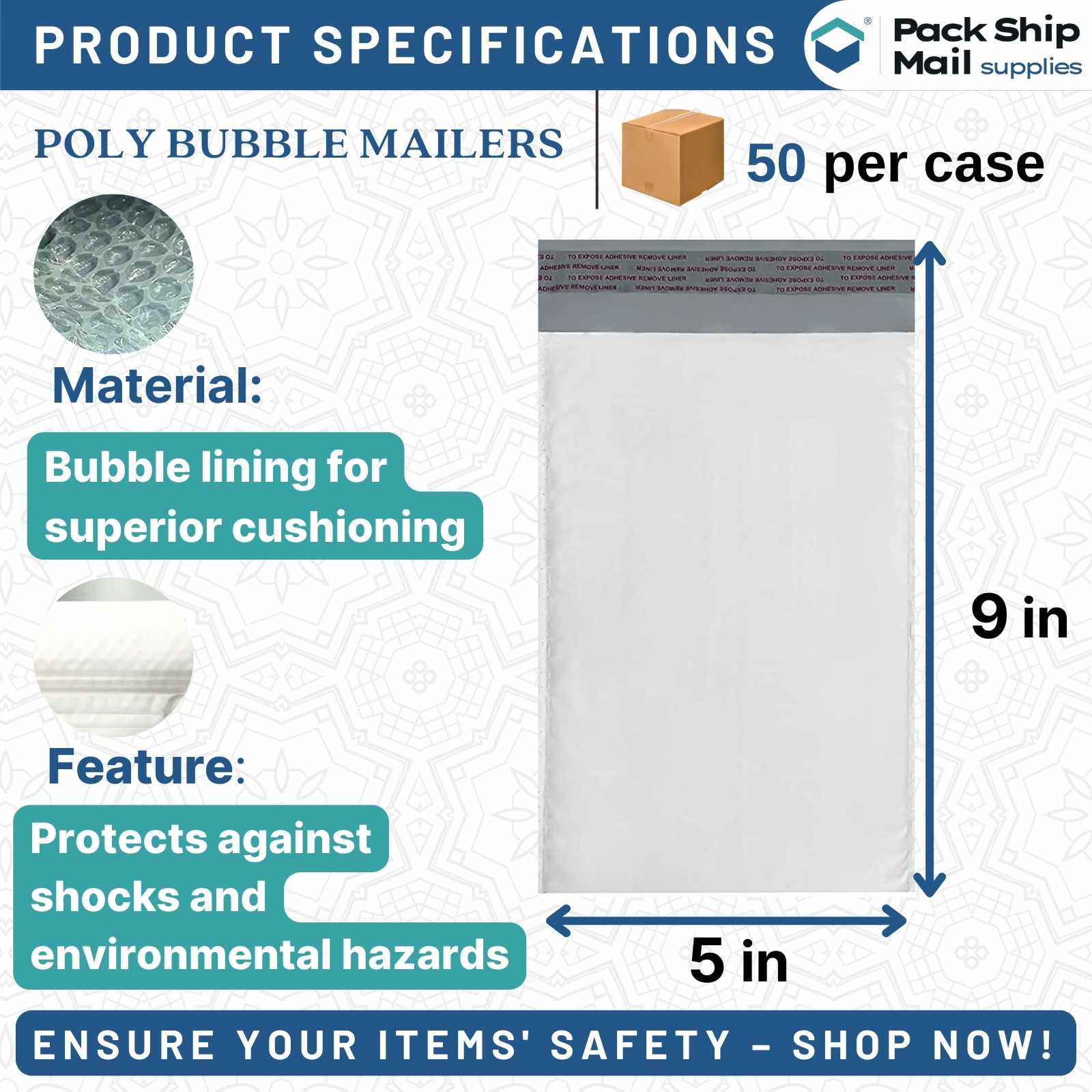Image of 5 by 9-inch #00 Self-Seal White Poly Bubble Mailers, packaged in a case of 50.