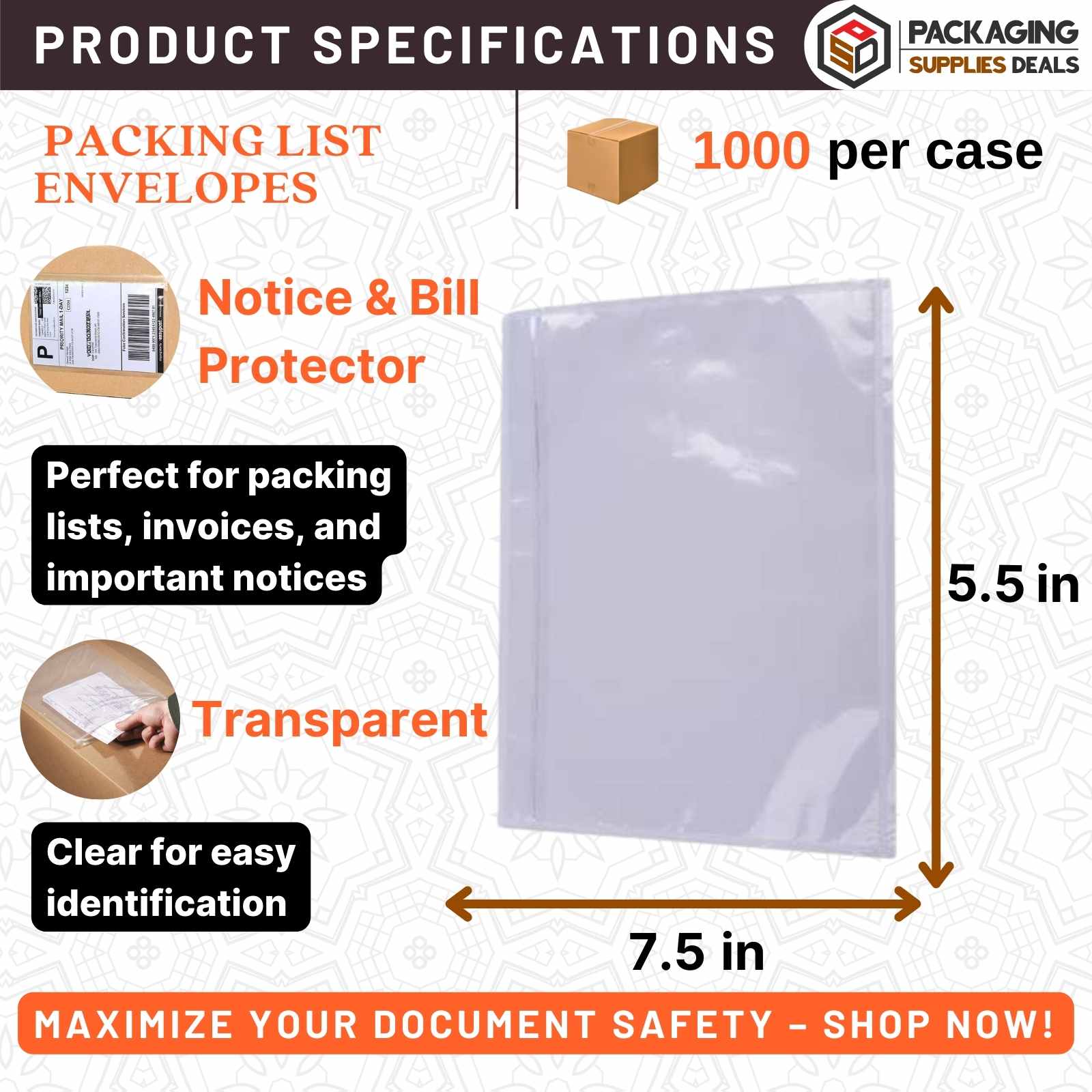 Case of 1000 clear packing list envelopes, each measuring 7.5 x 5.5 inches.