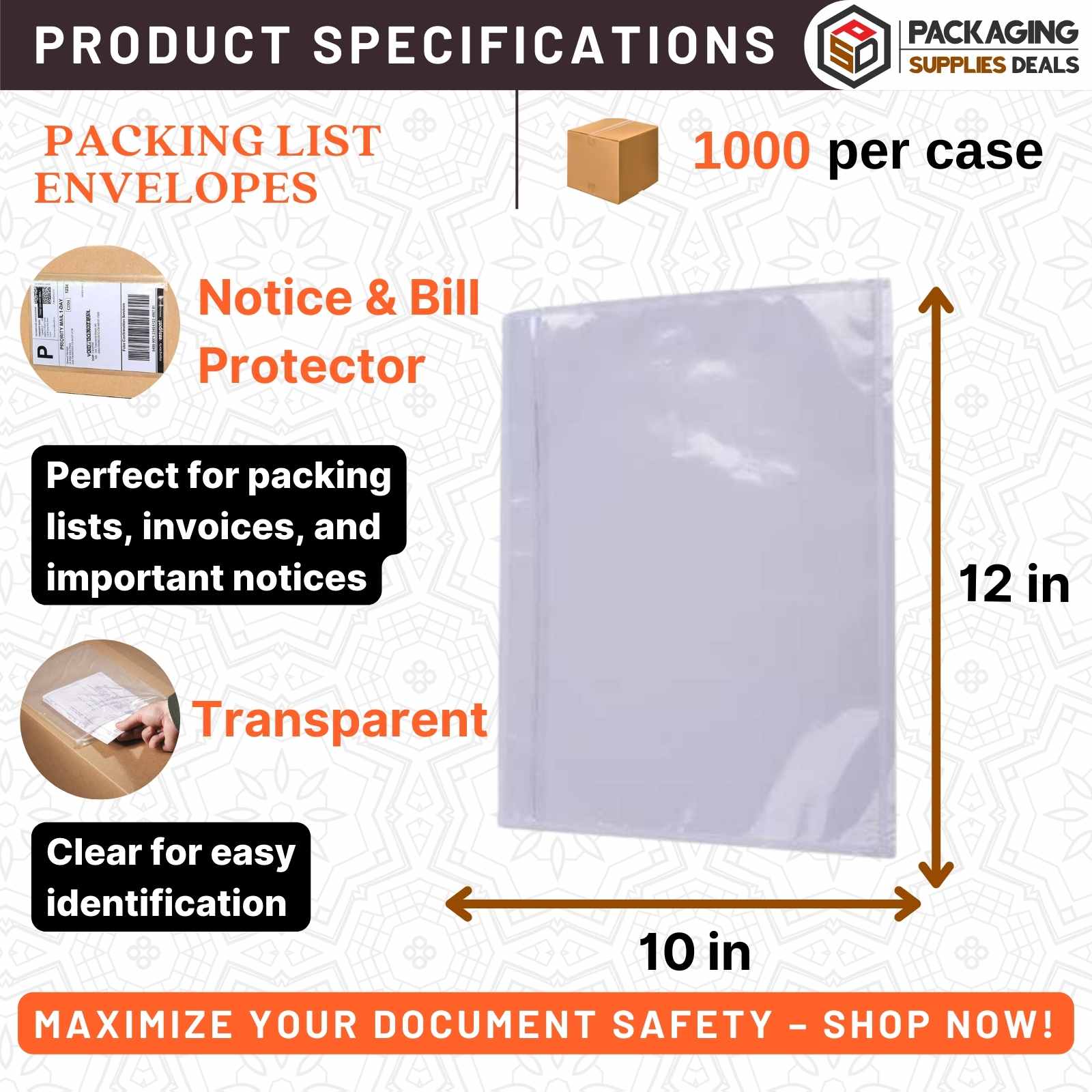 A bulk case of "10 x 12 Clear Packing List Envelopes," showcasing 1000 self-adhesive, transparent envelopes ready for efficient document protection and easy surface application.