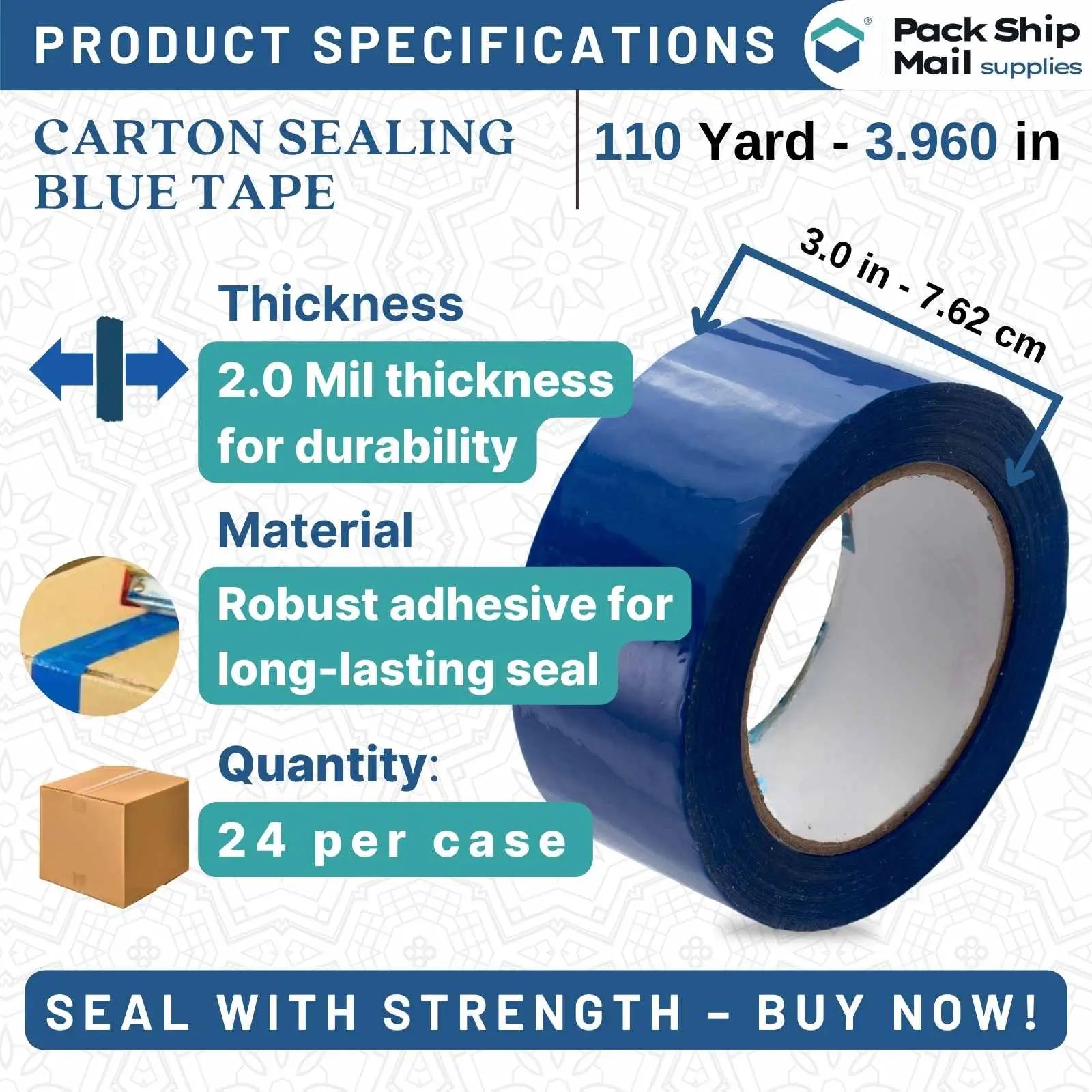 Image showing a case of 24 rolls of 3-inch by 110-yard 2 MIL blue carton sealing packing tape.