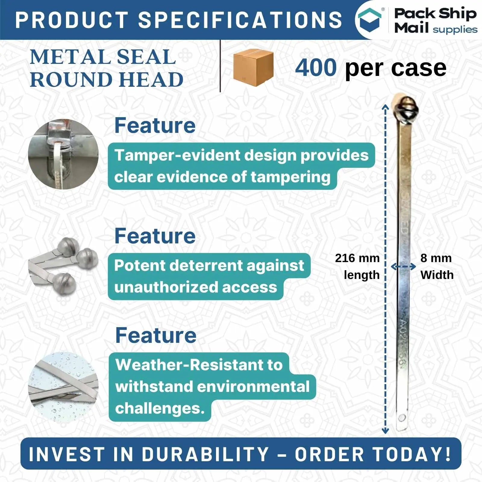 Bulk packaging of Metal Seal Round Head 216 MM, 400 Per Case, showcasing their sturdy, tamper-evident design ideal for secure sealing applications.