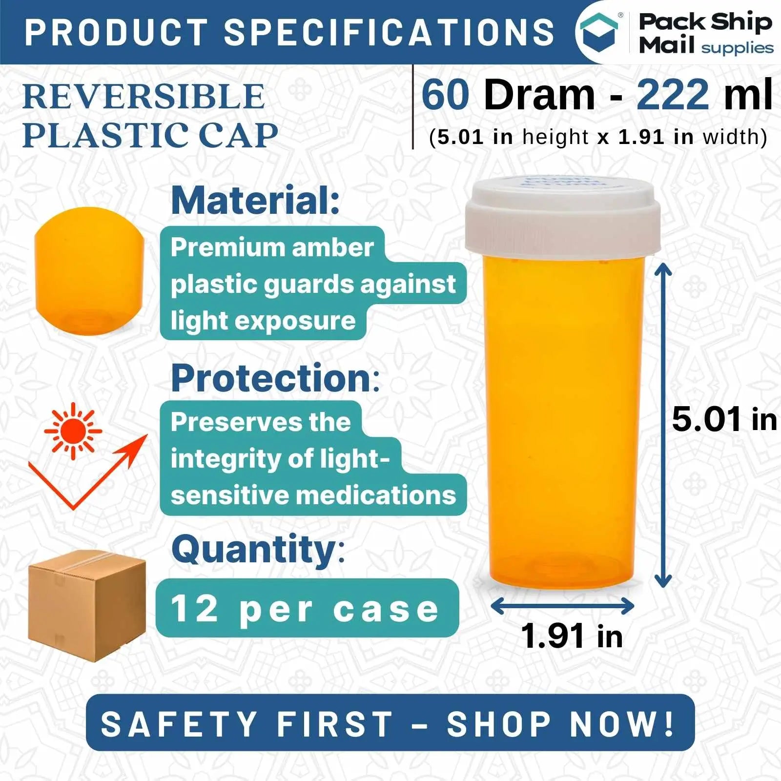 The image showcases a case of 60 dram amber reversible cap vials, containing 12 units.