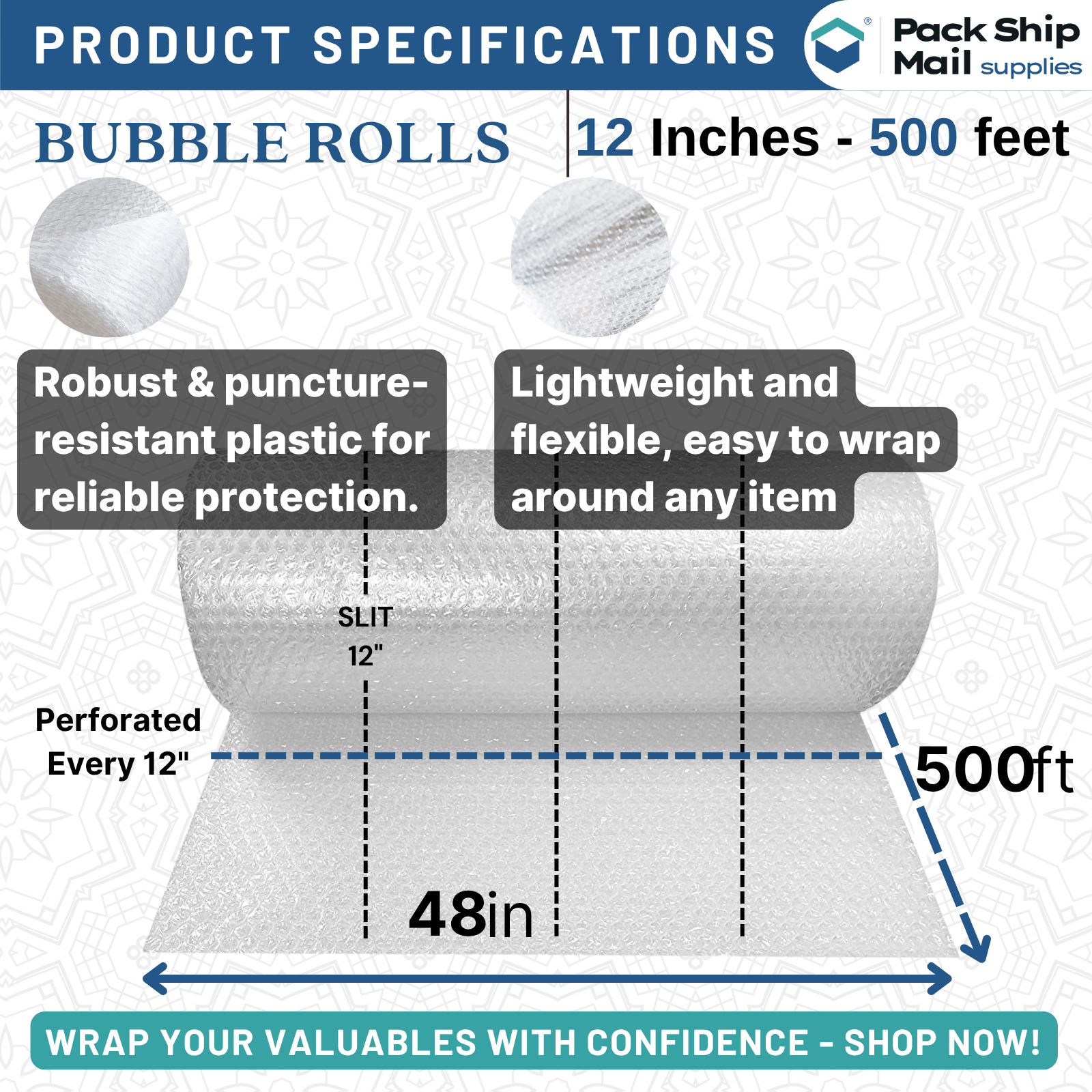Four rolls of 3/16" x 48" bubble wrapping, slit at 12", totaling 12" x 500 feet. The bubble wrap is perforated for easy tearing and packaging.