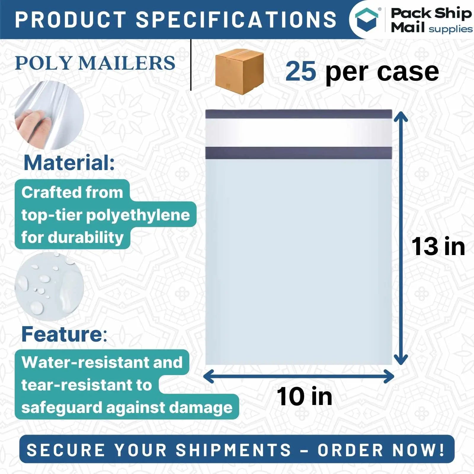 Twenty-five 10" x 13" poly mailers neatly contained in a case, demonstrating their durable and expansive design suitable for shipping larger or bulkier items securely.
