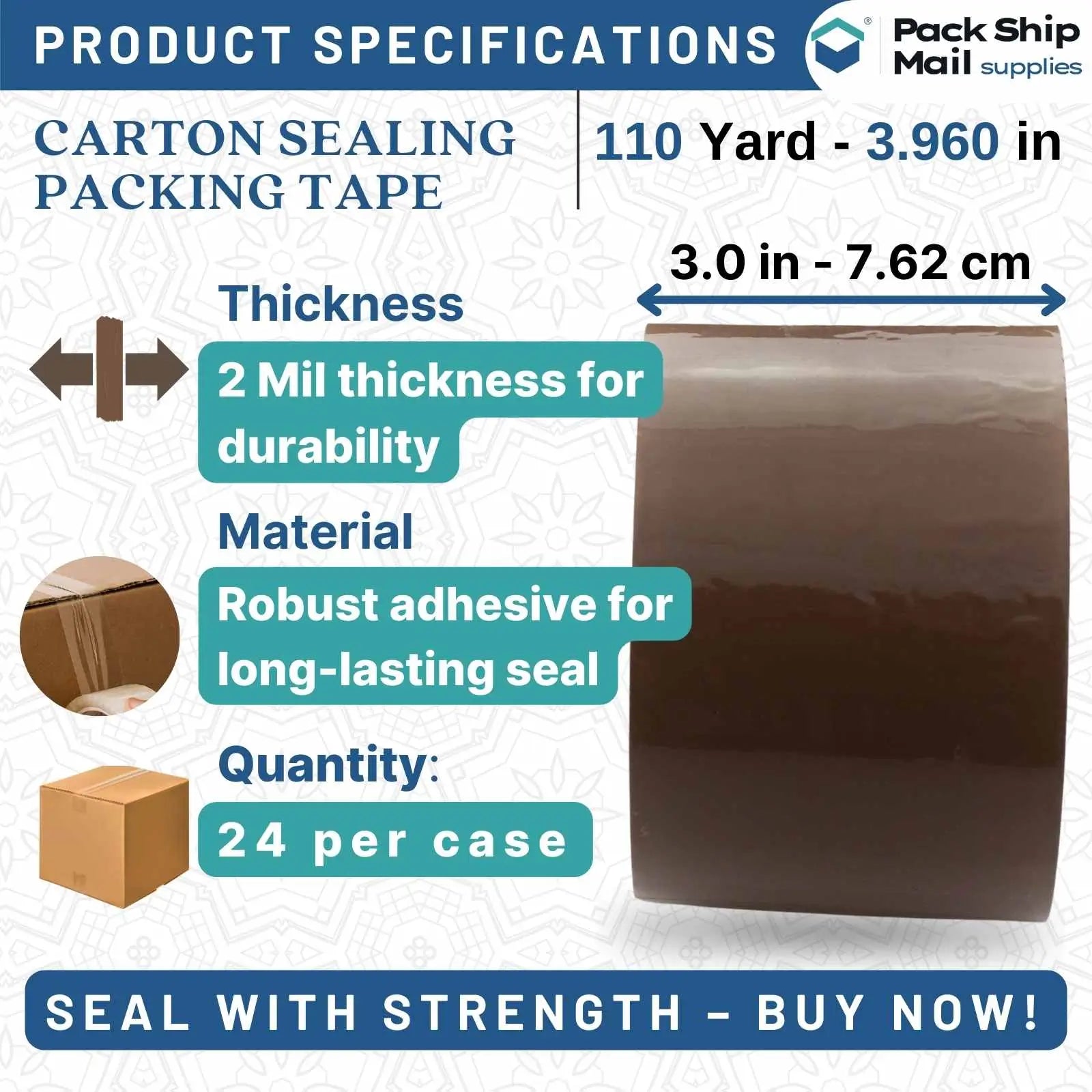 The image showcases a case containing 24 rolls of 3" x 110 yards tan packing tape, each with a thickness of 2 MIL. Perfect for efficient carton sealing and packaging needs.