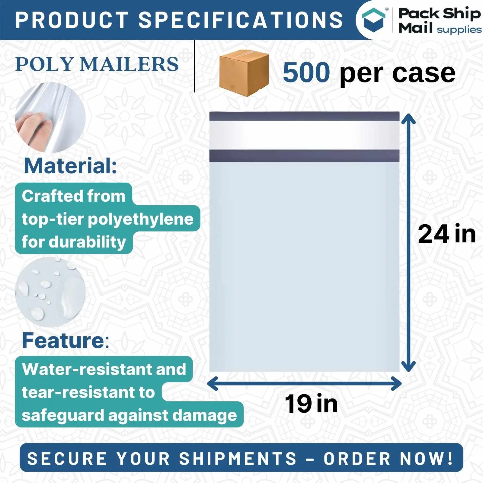 Five hundred 19" x 24" poly mailers meticulously organized in a case, showcasing their vast capacity and robust construction for shipping the largest items or bulk quantities securely.