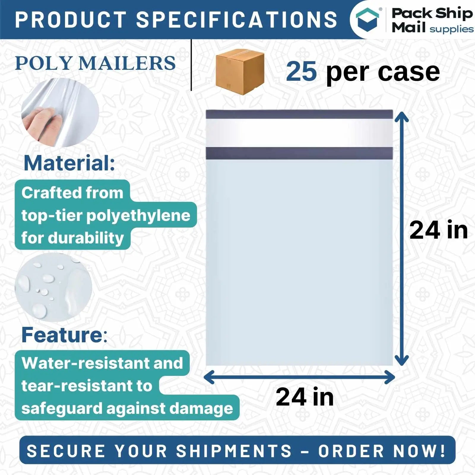 Twenty-five 24" x 24" poly mailers efficiently packed in a case, showcasing their expansive design and capability for securely shipping large or multiple items.