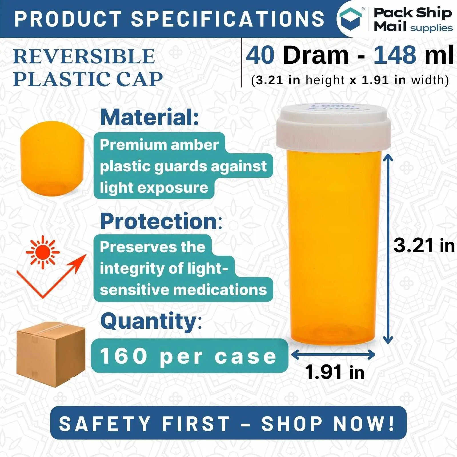 Case of 40 Dram Amber Reversible Cap Vials, containing 160 vials.