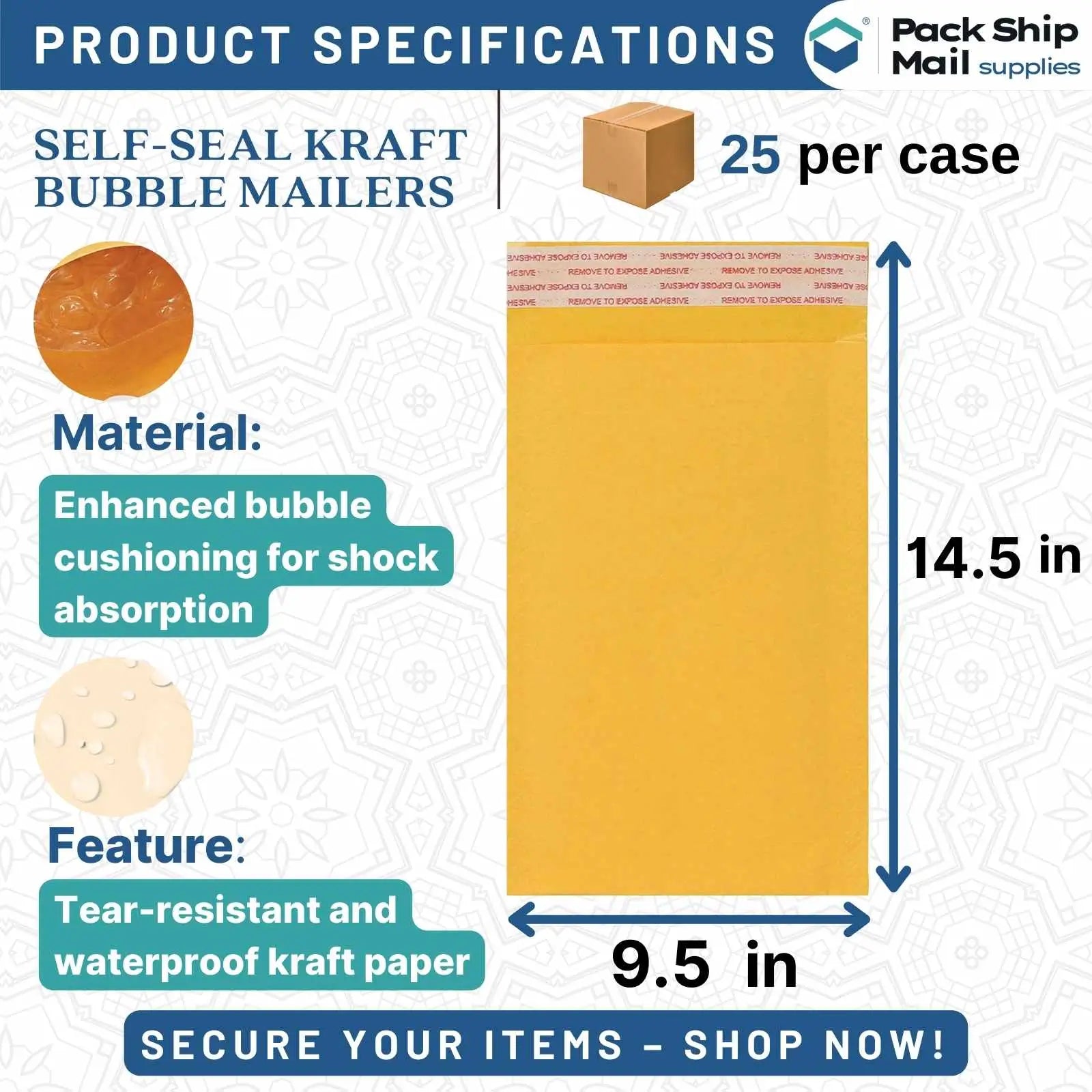 Image of 9.5 x 14.5-inch #4 Self-Seal Kraft Bubble Mailers, 25 Per Case - Packaging Supplies for Shipping and Mailing.