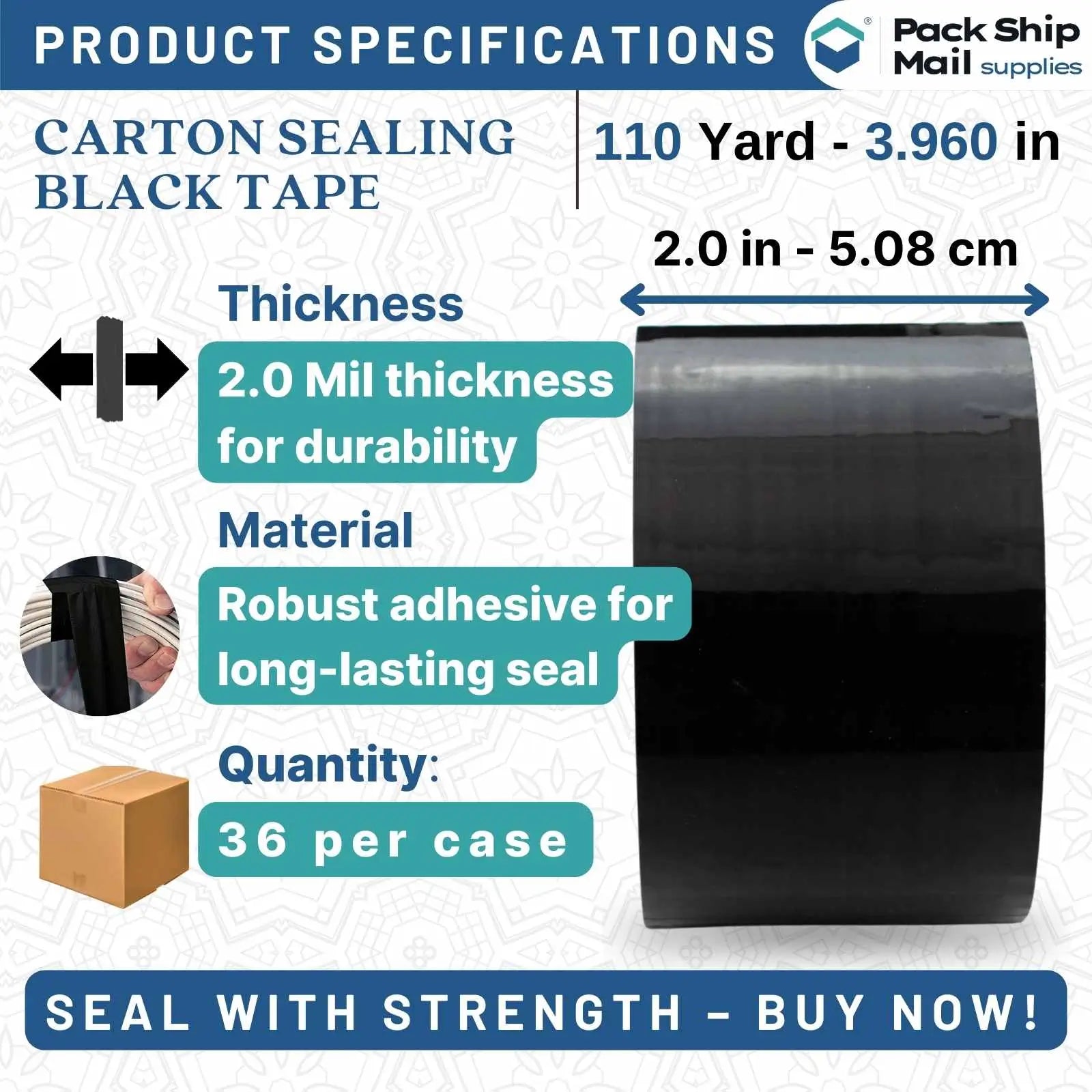 Image showing a case of 36 rolls of 2-inch by 110-yard 2 MIL black carton sealing packing tape.