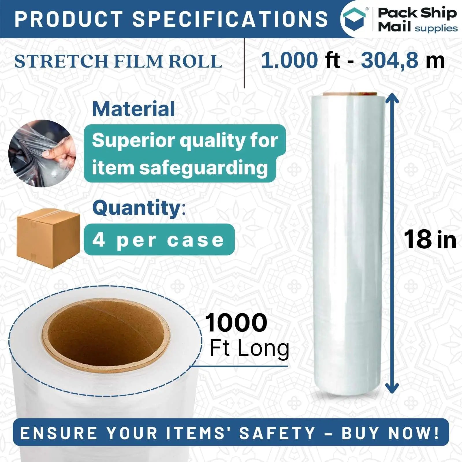 Four rolls of 18-inch by 1000-feet 85 gauge blown stretch clear film, neatly packaged in a case.