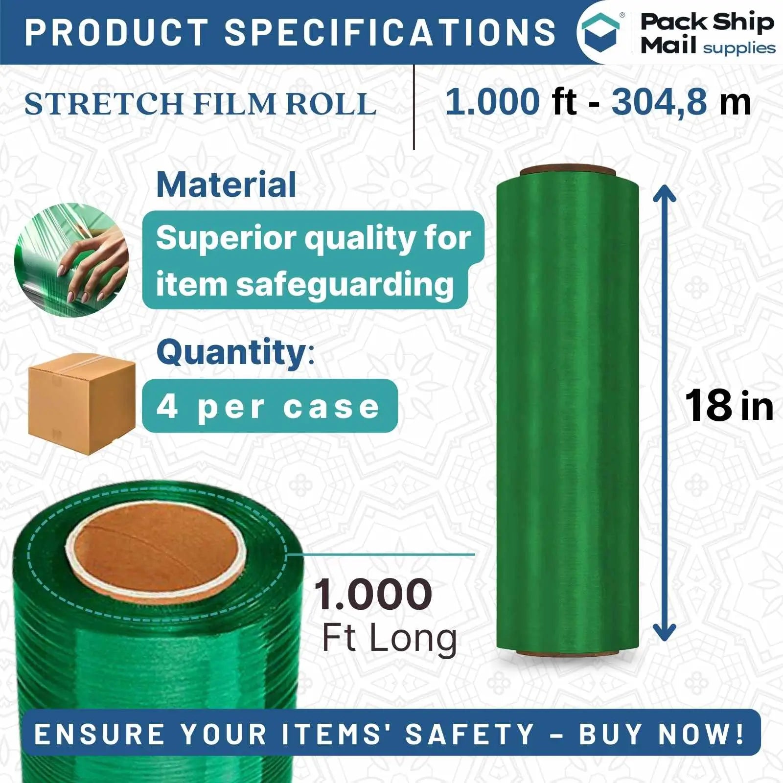 Four rolls of 18-inch by 1000-feet 85 gauge blown stretch green film, neatly packaged in a case.