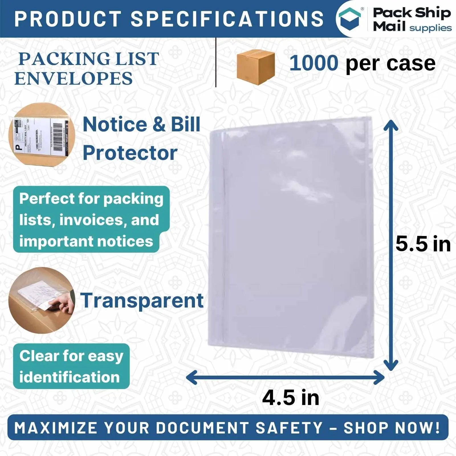 Case of 1000 clear packing list envelopes, each measuring 4.5 x 5.5 inches.