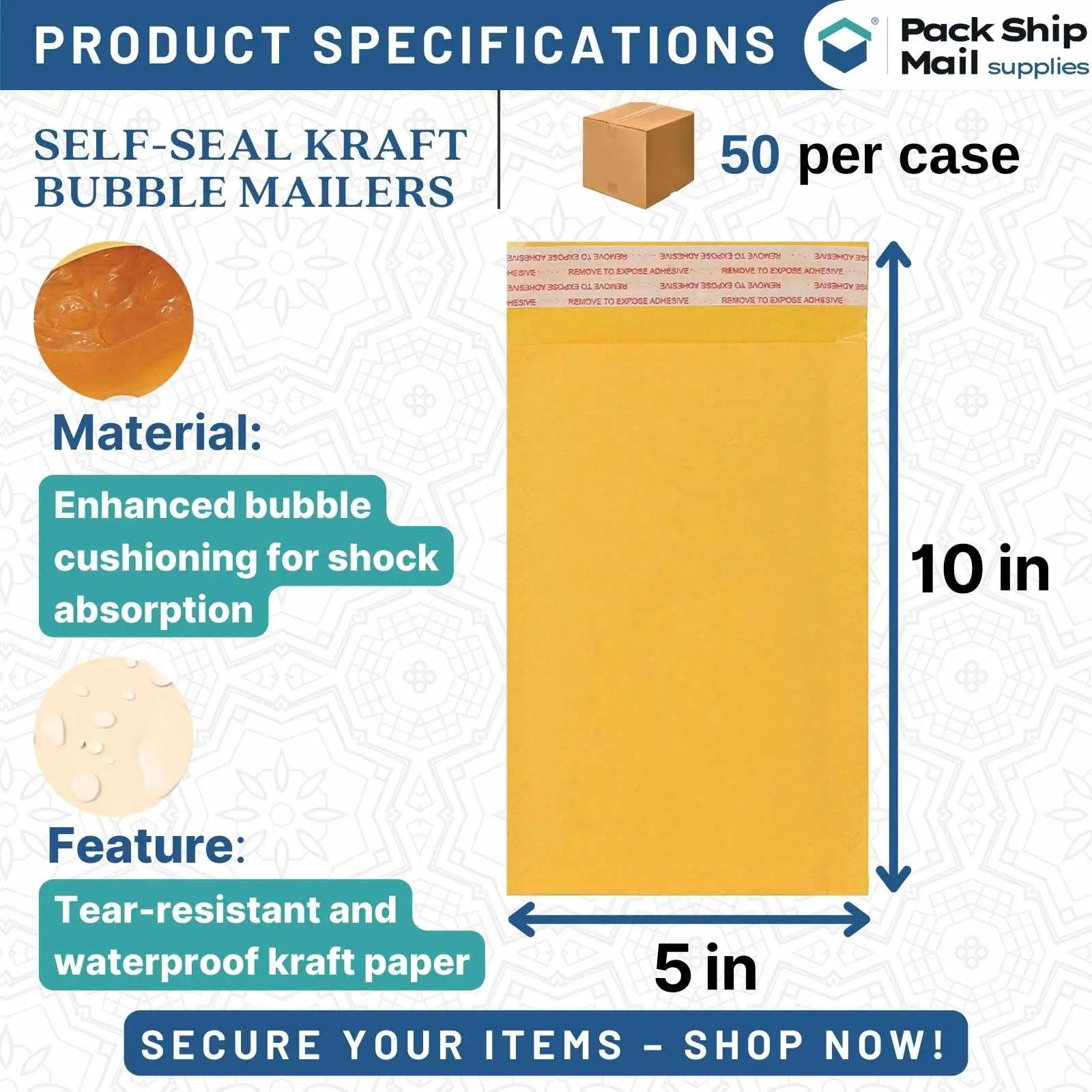 Image: 5 x 10 - #00 Self-Seal Kraft Bubble Mailers, 50 Per Case - Protective mailing envelopes for shipping and packaging.