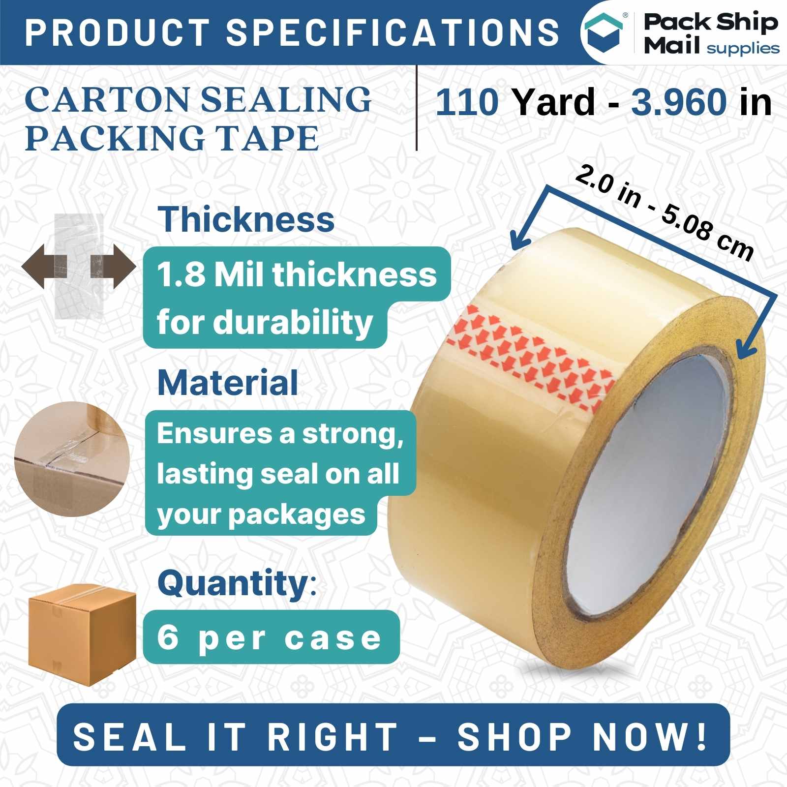 Image of 2-inch by 110 Yards Carton Sealing Packing Tape, 1.8 MIL thickness, clear color, and 6 rolls per case.