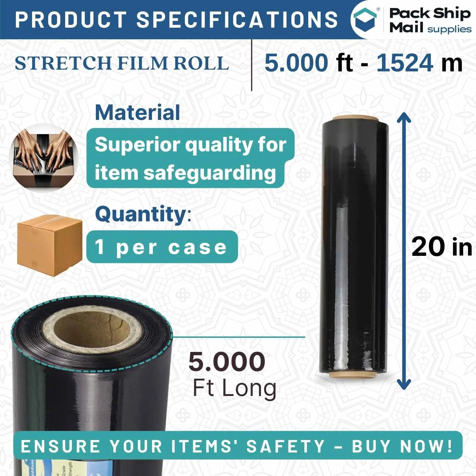 One roll of 20-inch by 5000-feet 80 gauge cast machine stretch black film, individually packaged in a case.