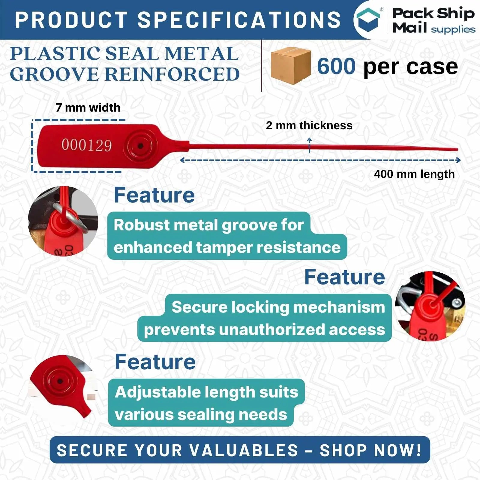 Image: Plastic Seals with Metal Groove, Reinforced, Size 400 MM, Sold in Cases of 600.
