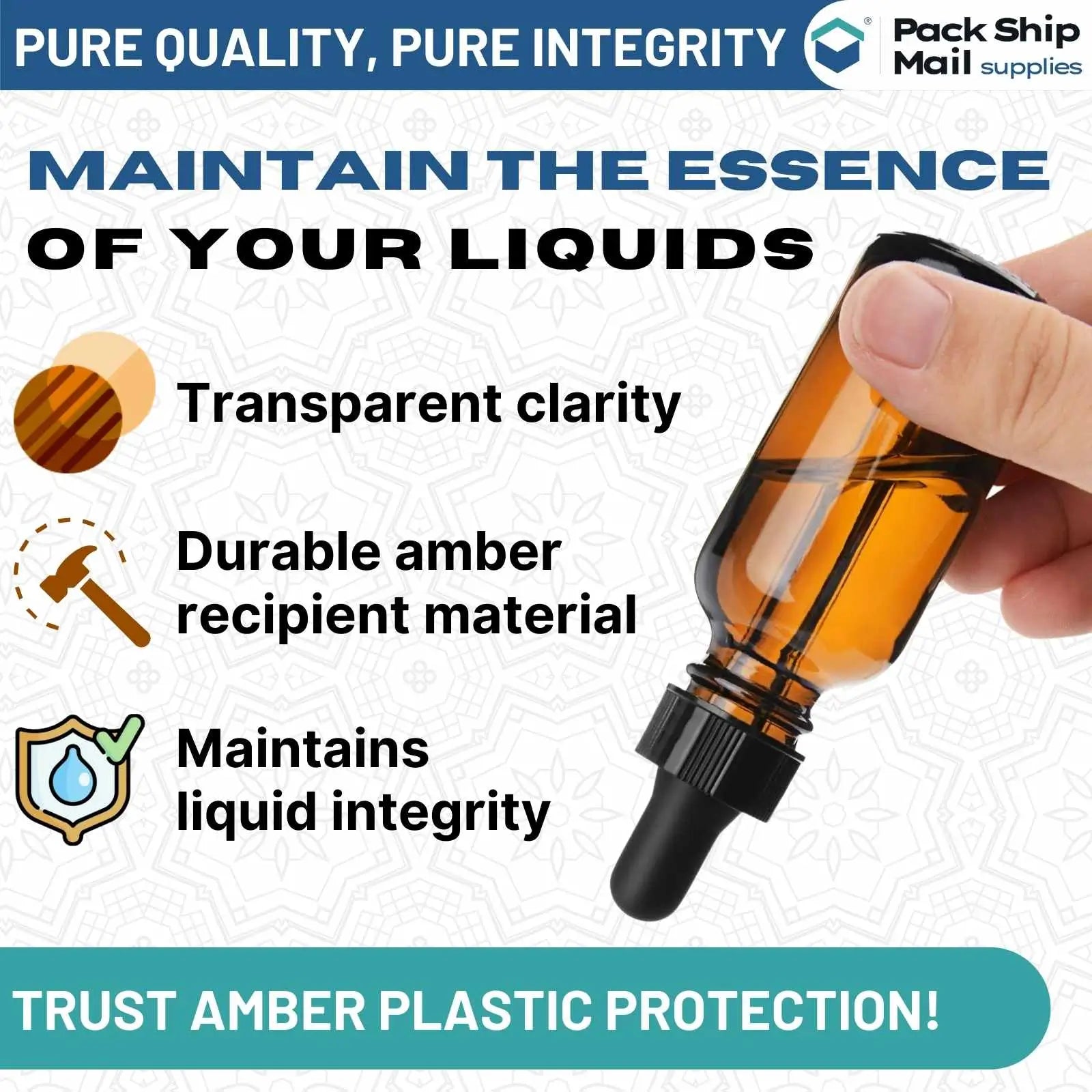 The image shows a case containing 50 amber dropper bottles, each with a 2 oz capacity.