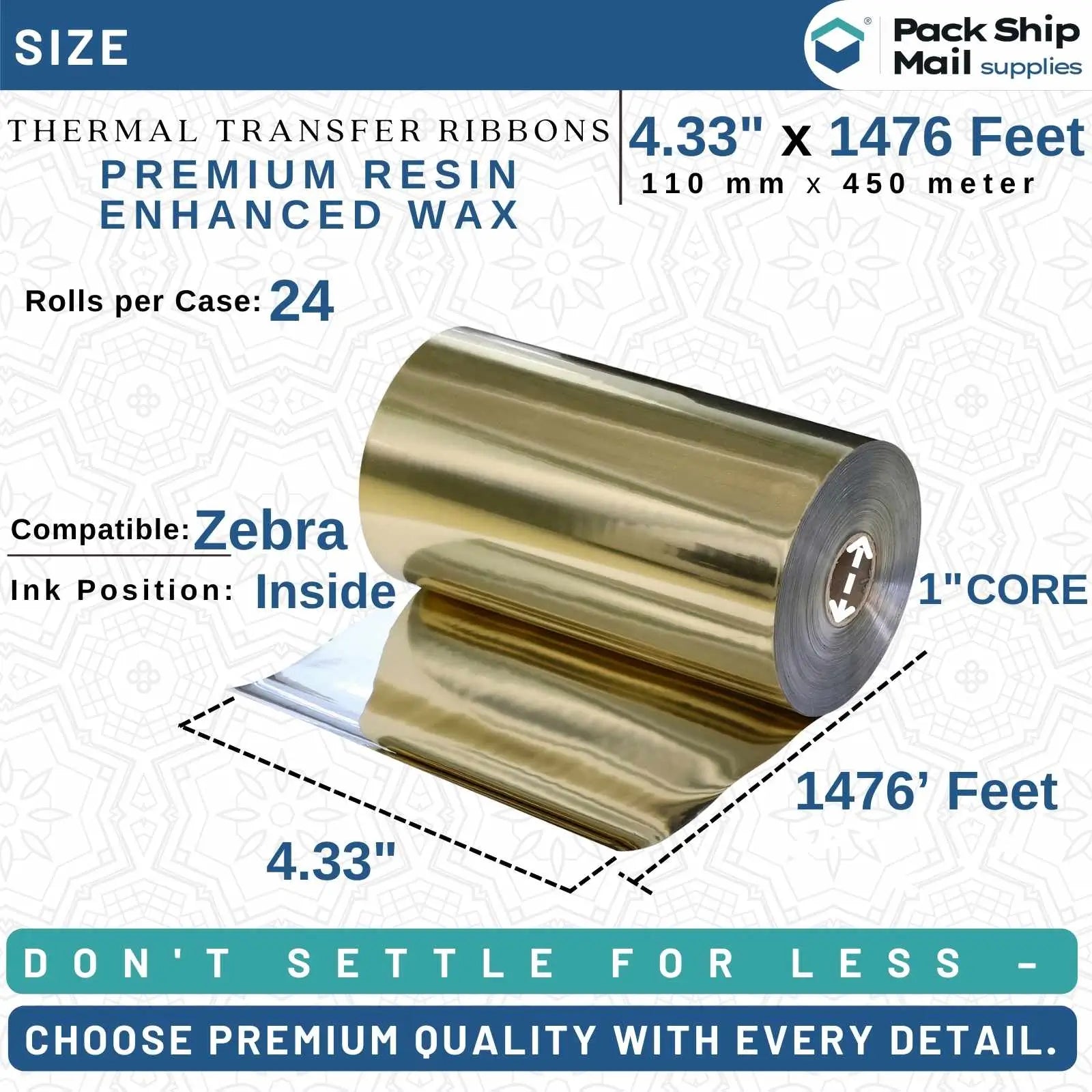 Twenty-four rolls of 4.33 by 1476-inch black scratch-resistant Zebra compatible thermal transfer ribbon, neatly packaged in a case.