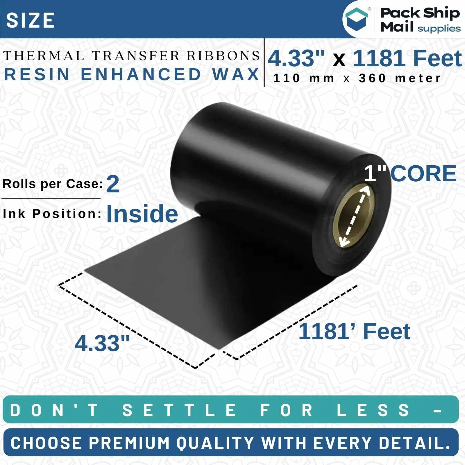 Image: Two rolls of 4.33-inch by 1181-foot Black Datamax Compatible Thermal Transfer Ribbon, neatly packaged in a case.