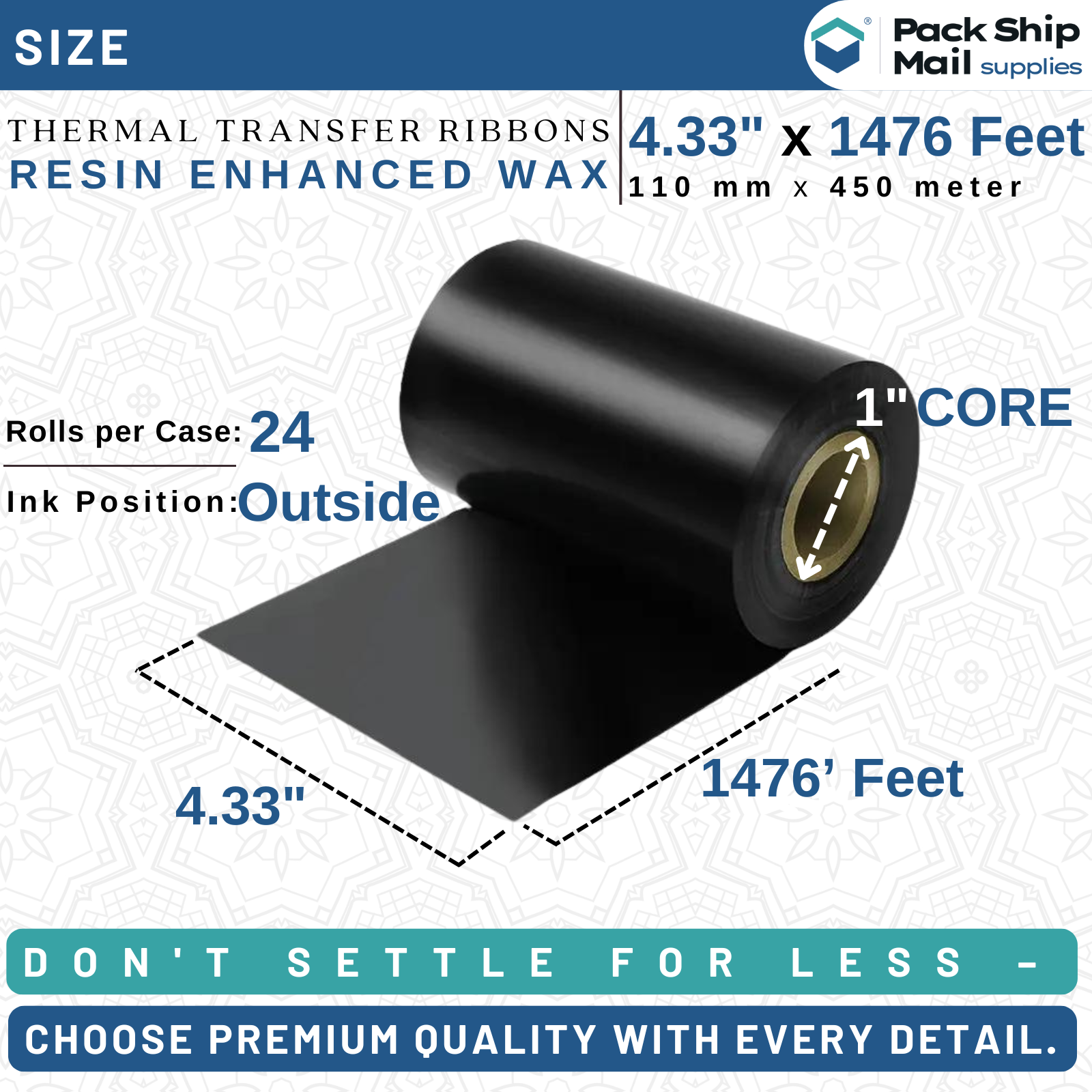 Twenty-four rolls of 4.33-inch by 1476-feet black Zebra thermal transfer ribbon, stored in a case.