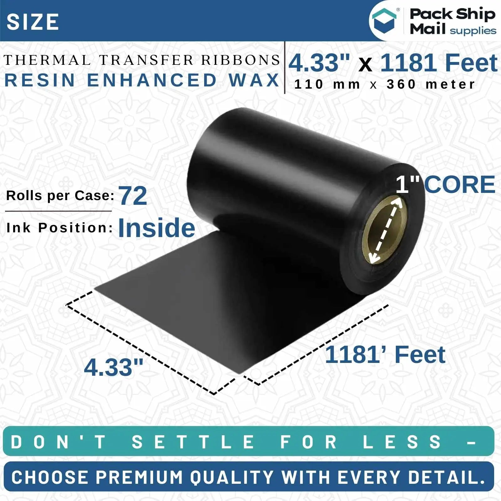 Product image: 4.33" x 1181' Black Datamax Compatible Thermal Transfer Ribbon - 72 Rolls per Case.